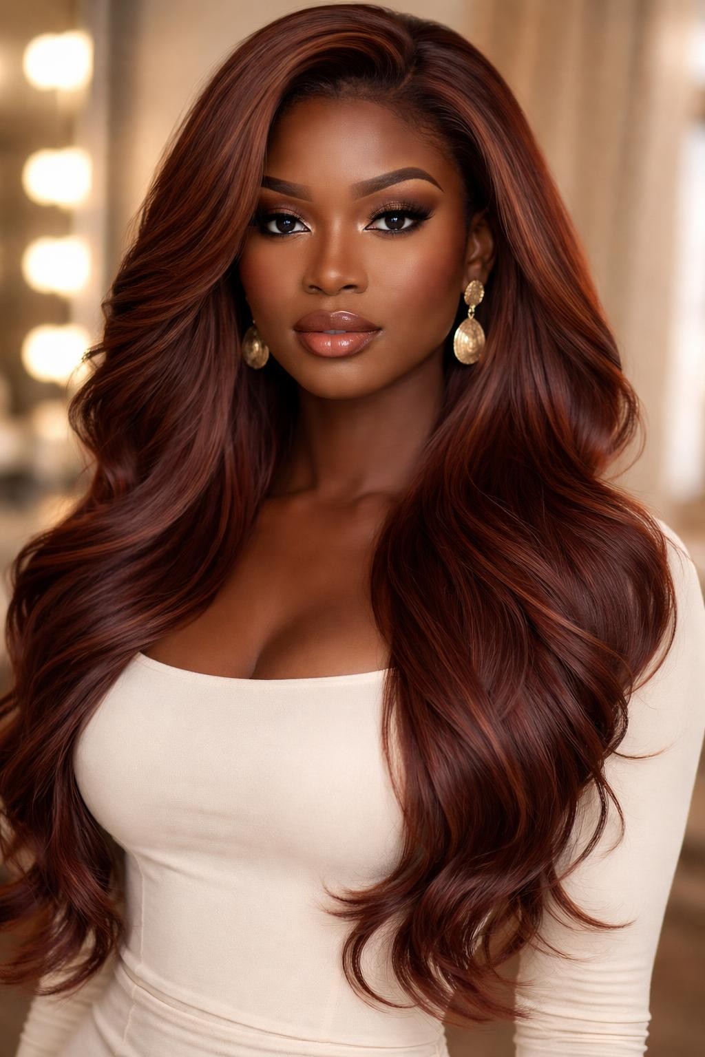 Image Prompt: A beautiful Black woman wearing a long reddish brown wig, soft layered waves, warm glossy red-brown hair color, natural-looking hairline, deep brown skin, smooth soft glam makeup, gold earrings, fitted cream top, luxury beauty studio setting, soft warm lighting, realistic editorial portrait, detailed hair shine and wave texture, no text, (no watermarks on images)