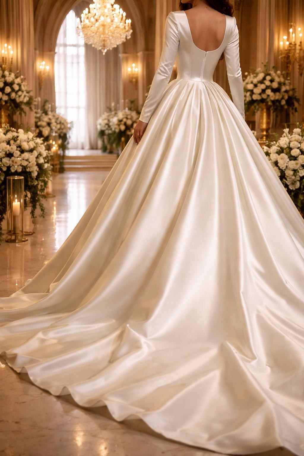 Image Prompt: A luxury bridal editorial image of a sleek satin long sleeve ball gown inside a grand chapel or polished wedding venue. Show the bride cropped from the neck down or from behind with the face fully hidden. The gown has smooth satin long sleeves, a structured bodice, defined waist, full skirt, and dramatic train. Use soft warm lighting, elegant venue details, realistic satin shine, clean luxury magazine composition, no visible face, no text, no watermark. (no watermarks on images)