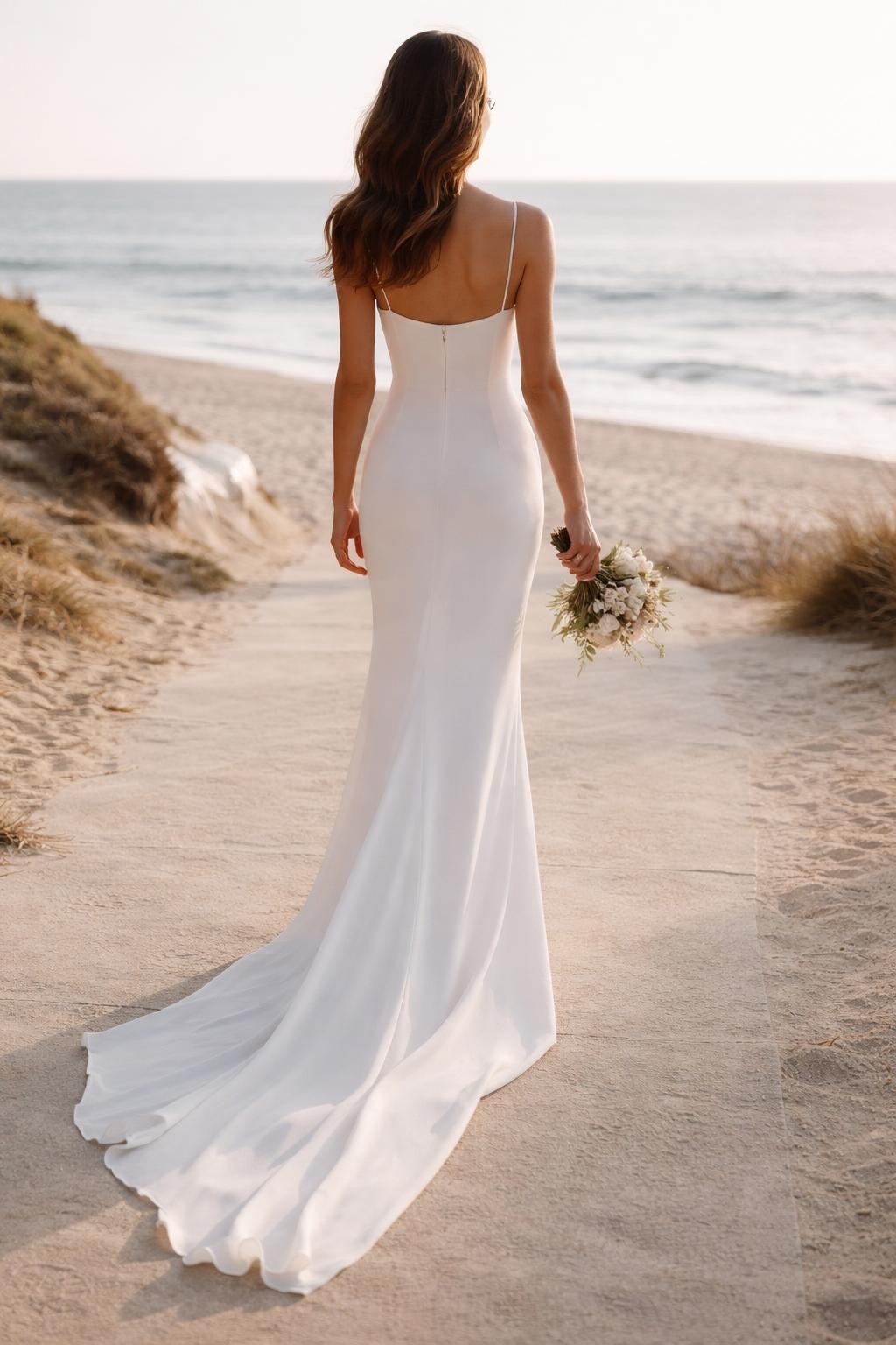 Image Prompt: A refined bridal editorial photo of a simple crepe beach wedding dress on a clean coastal walkway or sandy beach aisle. Show the bride from the neck down or from behind so the face is fully hidden. The gown has a smooth crepe finish, slim A-line or column silhouette, neat neckline, light train, and minimal bridal styling. Use soft natural light, calm ocean background, realistic crepe texture, modern editorial wedding photography, no visible face, no text, no watermark. (no watermarks on images)