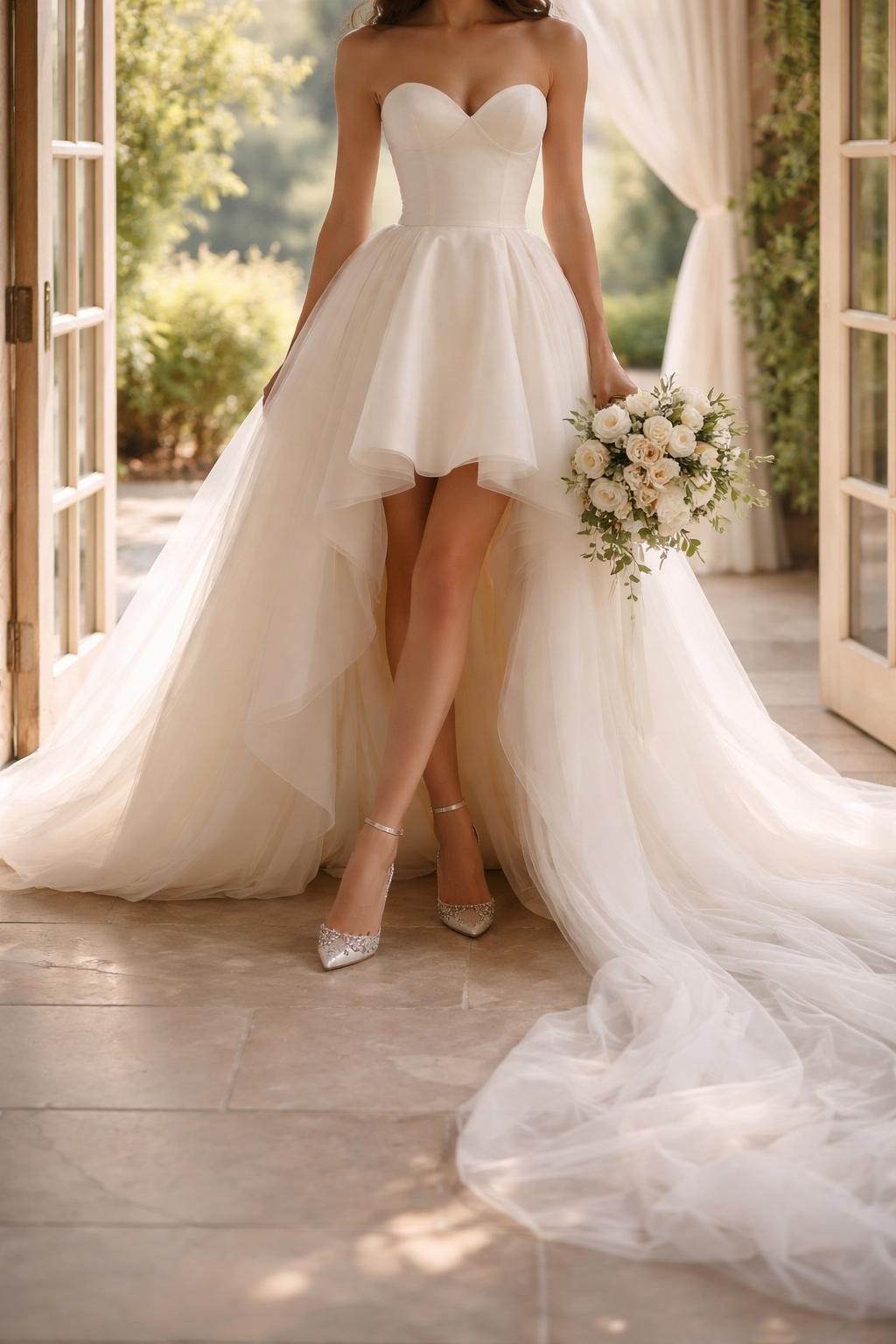 Image Prompt: A luxury bridal editorial image of a high-low wedding dress in a chapel entrance, garden venue, or modern bridal studio. Show the bride from the neck down or from behind with the face fully hidden. The dress has a shorter front hem, longer flowing back, fitted bodice, and soft train effect. Style with elegant bridal shoes visible under the front hem and a bouquet held low. Use natural light, realistic fabric movement, polished wedding magazine photography, no visible face, no text, no watermark. (no watermarks on images)