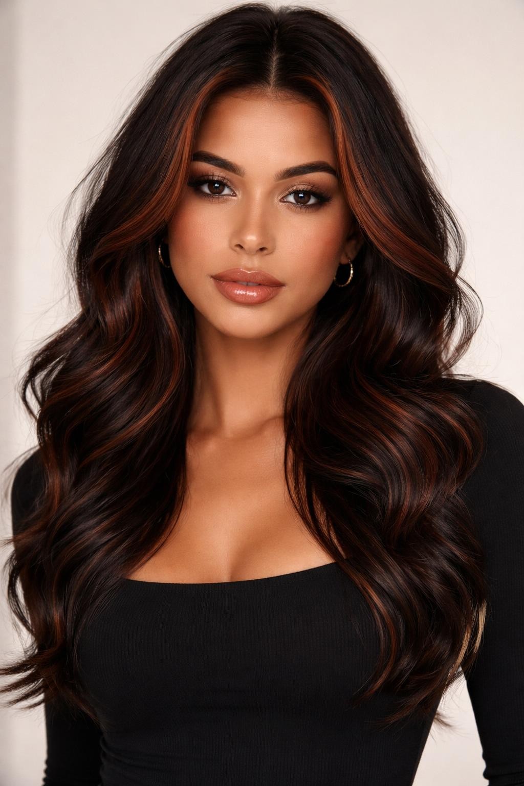 Image Prompt: A stylish woman with dark brunette wavy hair and mahogany brown money piece highlights, rich dark base with warm red-brown front sections framing the face, loose waves with shine, warm medium-deep skin tone, glossy nude lips, subtle bronzed makeup, small gold hoop earrings, fitted black top, clean neutral studio background, close-up beauty portrait, realistic DSLR photo, clear face-framing mahogany color detail, no text, (no watermarks on images)