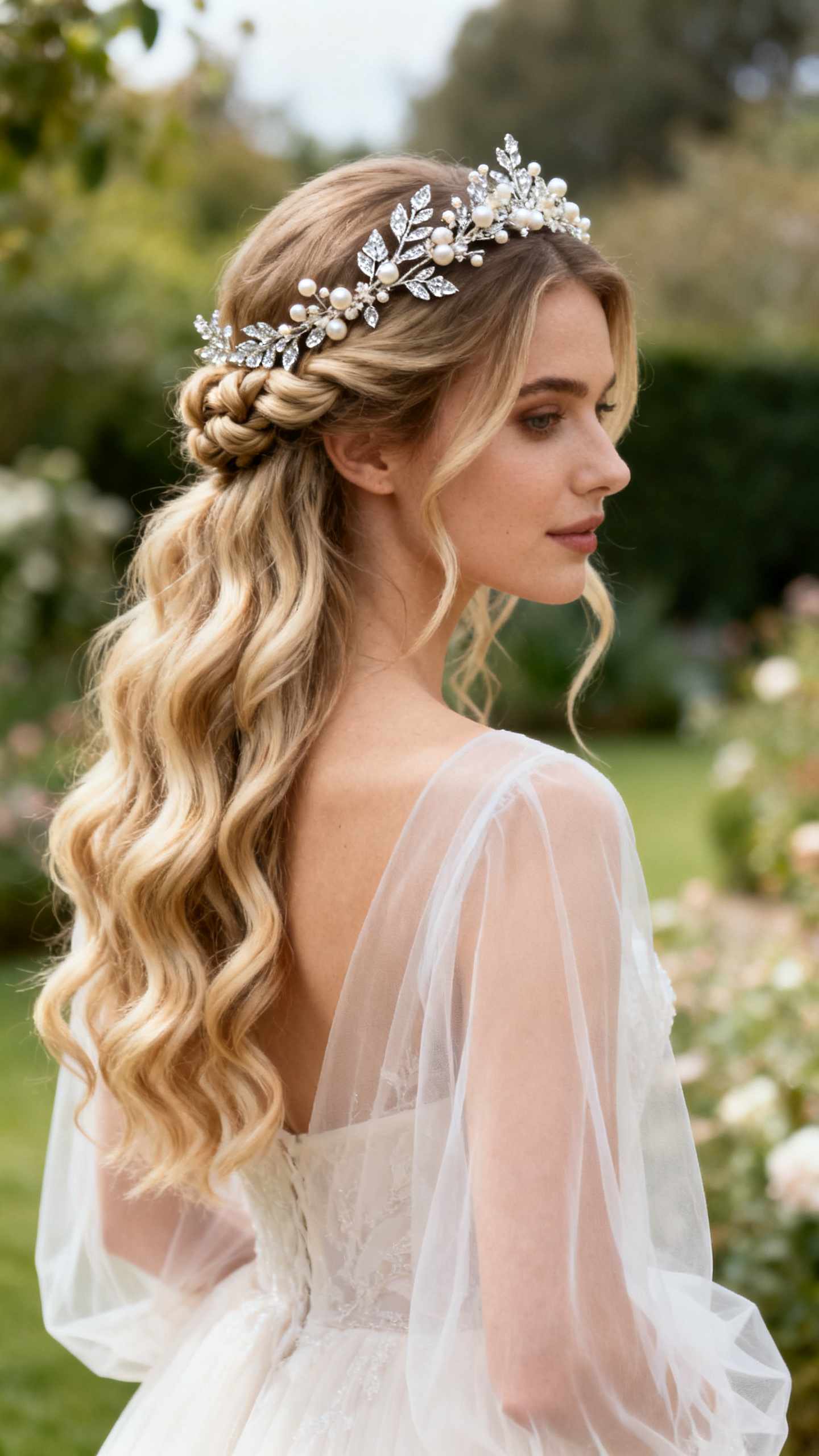 Image Prompt: A photorealistic bridal hairstyle image showing long soft curls styled half-up, loose twisted sections pinned at the crown, a dainty floral tiara with tiny pearls and crystal leaves, soft blonde balayage hair, garden wedding background softly blurred, airy bridal gown with sheer sleeves, romantic natural light, editorial wedding photography, no text, no watermark, no watermarks on images.