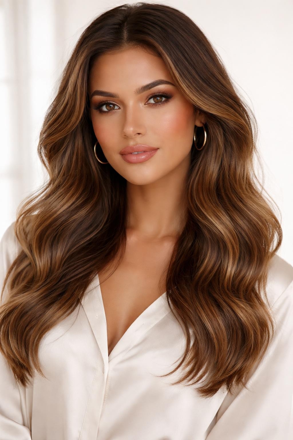 Image Prompt: A beautiful brunette woman with rooted golden brown hair, dark brunette roots blending into warm golden brown lengths and soft lighter brown ends, loose glossy waves, warm medium skin tone, glowing makeup, glossy lips, gold hoop earrings, ivory blouse, bright neutral studio background, soft flattering lighting, realistic DSLR beauty editorial portrait, smooth root blend and warm golden brown shine, no text, (no watermarks on images)