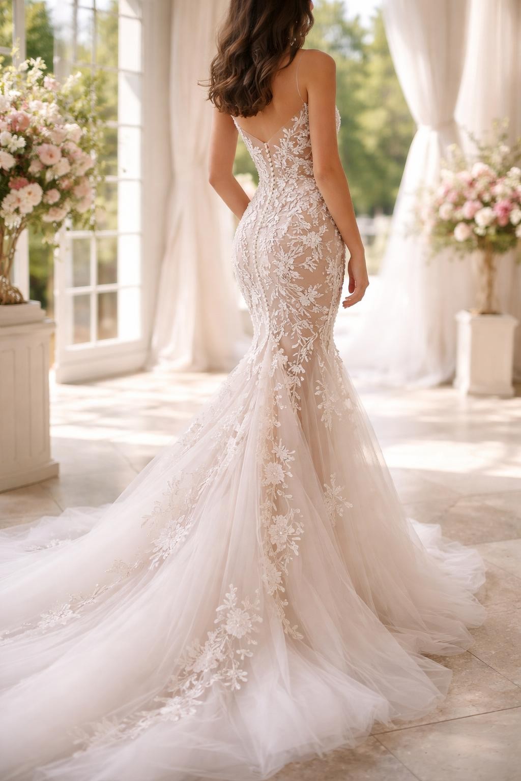 Image Prompt: A romantic bridal editorial image of a sheer illusion mermaid wedding dress with floral appliqué, set in a bright chapel or luxury garden venue. Show the bride from the neck down or from a side-back angle with the face fully hidden. The gown features a fitted mermaid silhouette, illusion bodice or side panels, delicate floral appliqué, and a soft flared skirt with light movement. Use soft daylight, realistic texture, graceful styling, premium bridal magazine quality, no visible face, no text, no watermark. (no watermarks on images)