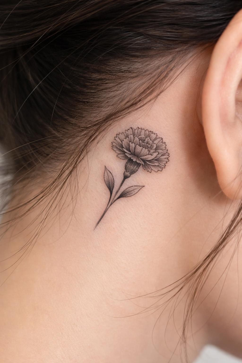 Image Prompt: "Extreme close-up of a small carnation flower tattoo behind the ear, fine line black ink floral design with layered ruffled petals and soft shading, realistic skin texture, a few loose hair strands framing the placement, minimal feminine styling, tight crop, clean soft background, tattoo is the hero of the image (no watermarks on images)"