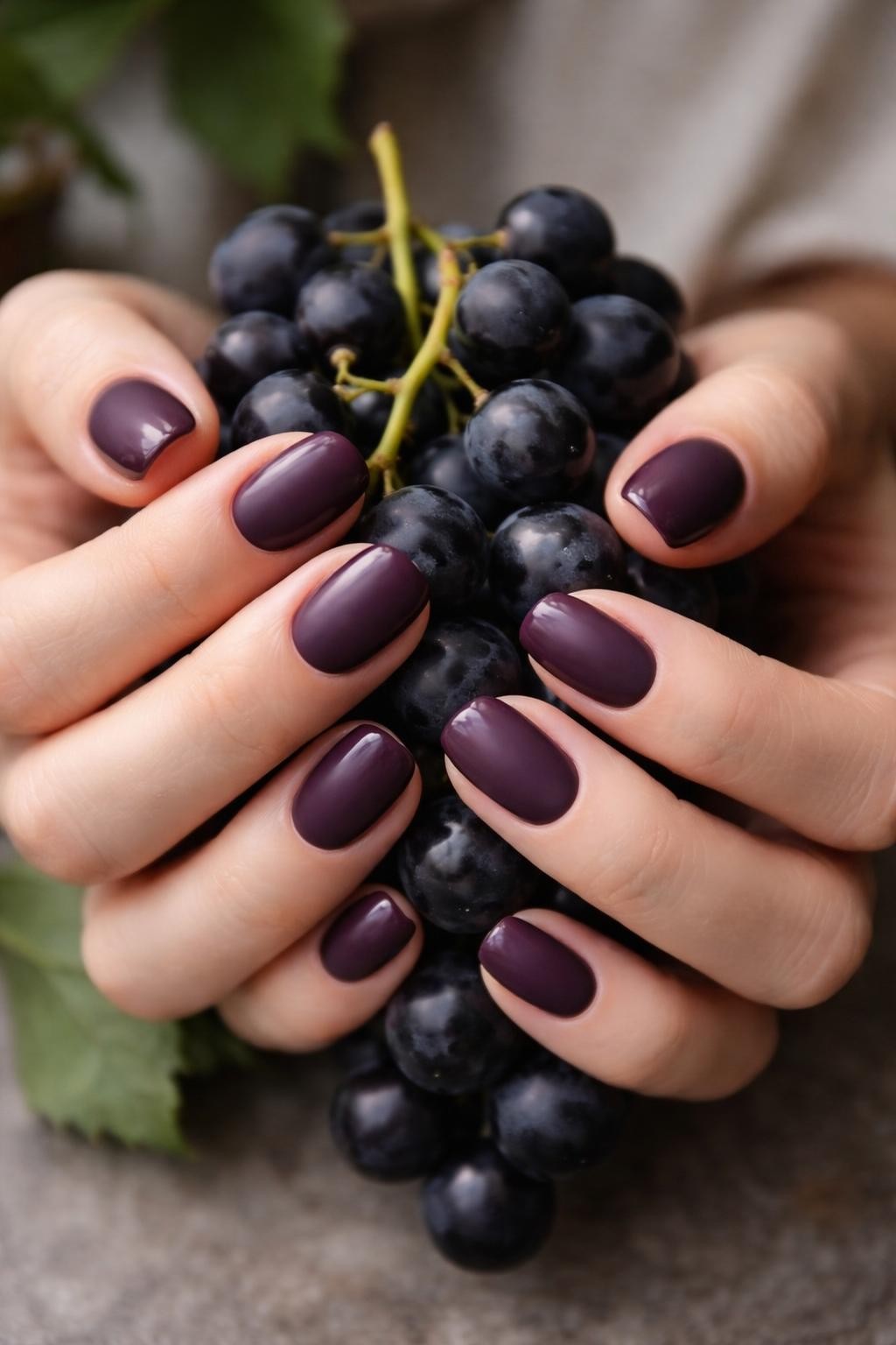 Image Prompt: Top-down view of hands with short, rounded nails lightly holding a stem of black grapes. The nails are a deep, matte plum color with only the outermost edge in high-gloss. Natural light highlights the glossy tips against the matte base.