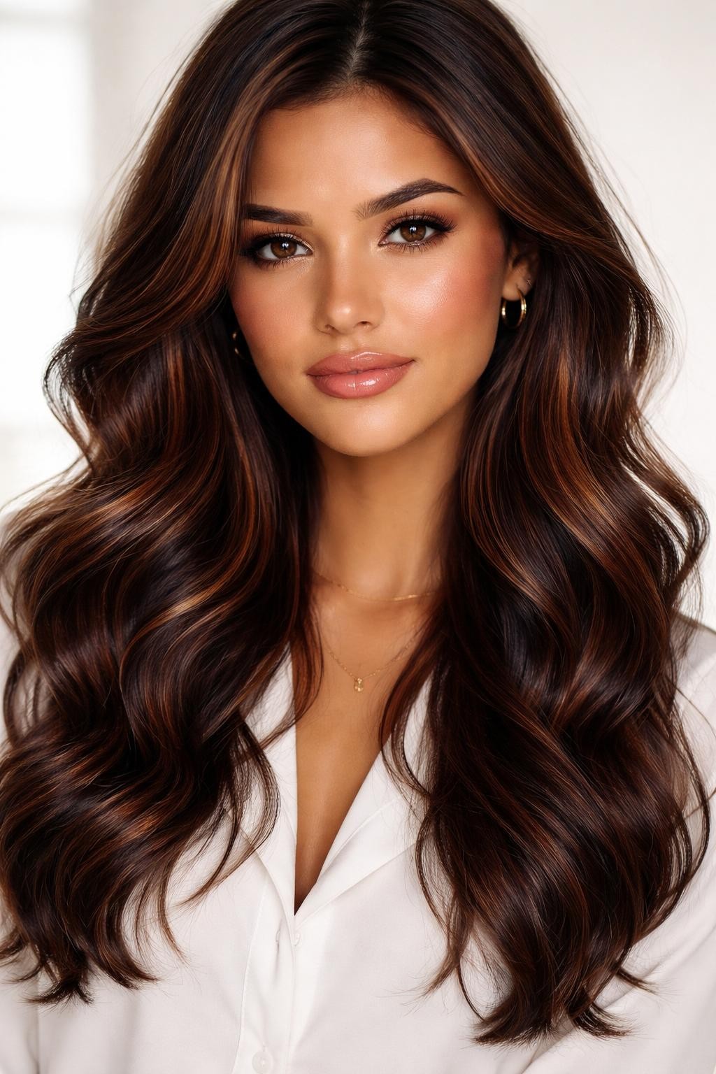 Image Prompt: A beautiful woman with dark brown hair and mahogany brown highlights, rich brunette base with soft red-brown mahogany pieces placed around the face and through the lower layers, loose waves with shine, warm tan skin tone, soft bronzed makeup, glossy lips, small gold jewelry, white blouse, clean bright studio background, soft flattering lighting, realistic DSLR beauty portrait, detailed mahogany highlight contrast and shine, no text, (no watermarks on images)