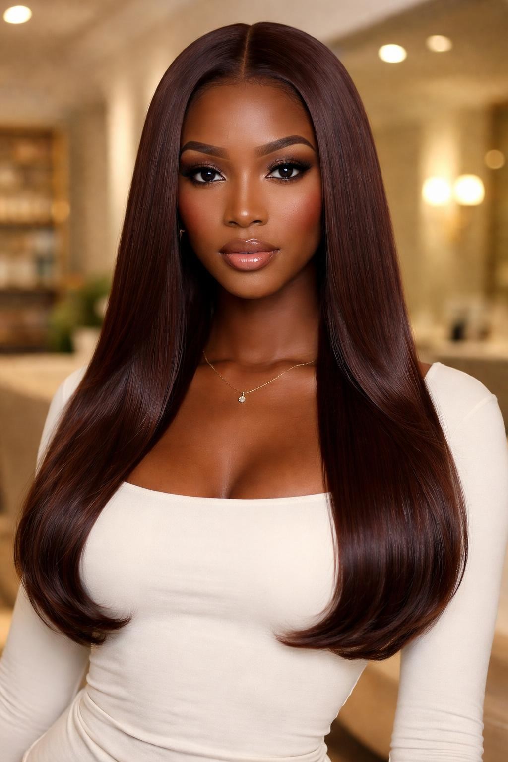 Image Prompt: A stunning woman with a long sleek silk press dyed glossy mahogany brown, center part, silky straight strands with smooth shine, softly curled-under ends, deep brown skin, clean soft glam makeup, glossy nude lips, small gold necklace, fitted cream top, luxury salon-inspired background, soft even lighting, waist-up beauty portrait, realistic DSLR quality, detailed straight hair shine and rich mahogany brown color, no text, (no watermarks on images)