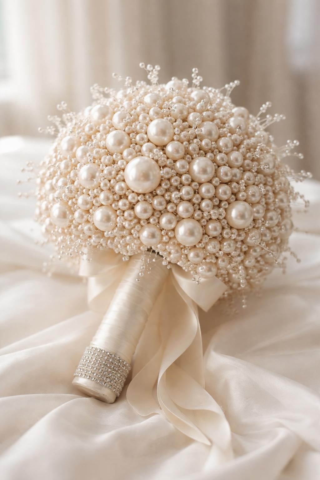 Detailed Image Prompt: A luxury pearl bridal bouquet with no flowers, made from different sizes of ivory and soft champagne pearls, arranged in a round bouquet shape with pearl sprays, satin ribbon-wrapped handle, delicate crystal pins, photographed in a bright bridal suite on a silk fabric surface, soft natural window light, elegant wedding editorial photography, close-up shot, no faces, no people, high-end bridal detail image, realistic DSLR photo, no watermarks on images.