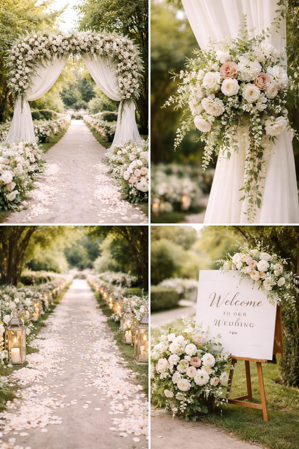 Image Prompt: A professional 4-grid wedding decor collage showing a romantic floral entrance walkway, top-left image featuring a wide ceremony entrance arch covered in white roses, blush roses, soft greenery, and flowing ivory fabric, top-right image showing a close-up of lush floral clusters tied to the arch frame, bottom-left image showing a petal-lined walkway with glass lanterns on both sides, bottom-right image showing a welcome sign placed beside matching flowers, outdoor garden wedding setting, soft natural light, luxury editorial wedding photography, no faces, no watermarks on images.