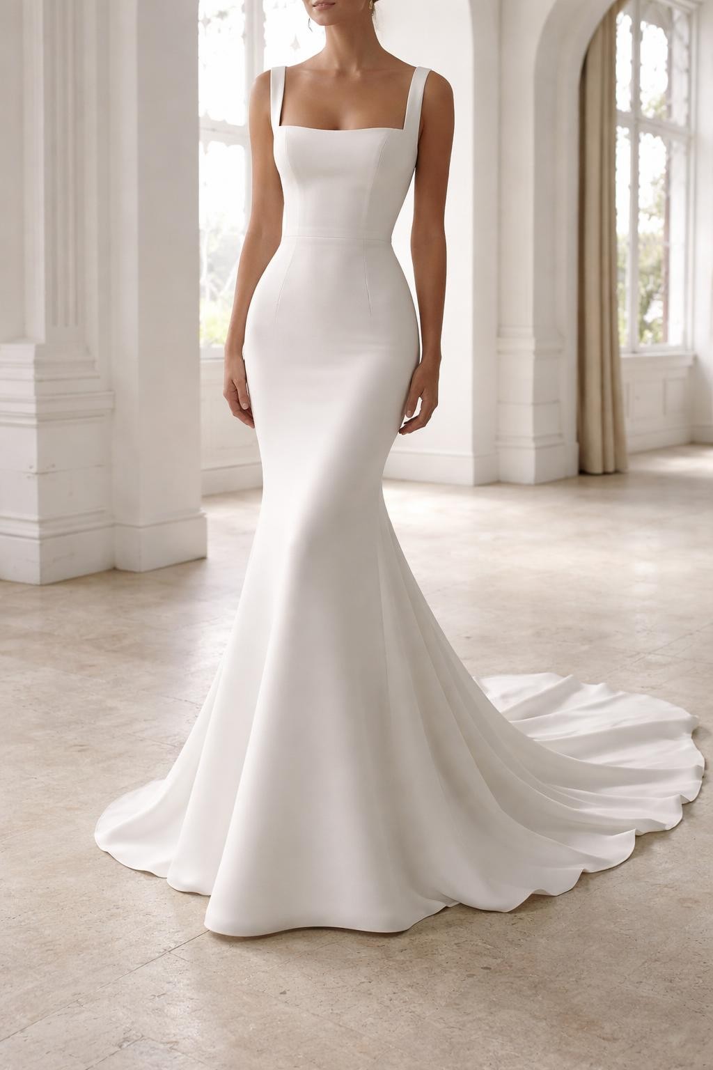Image Prompt: A refined bridal editorial photo of a crepe mermaid wedding dress with a square neckline, photographed in a clean bridal studio or elegant chapel entrance. Show the bride cropped from the neck down or from behind with the face fully hidden. The gown has a smooth crepe finish, structured square neckline, fitted mermaid silhouette, and a simple elegant flare with a soft train. Use clean natural light, realistic crepe texture, polished editorial styling, no visible face, no text, no watermark. (no watermarks on images)