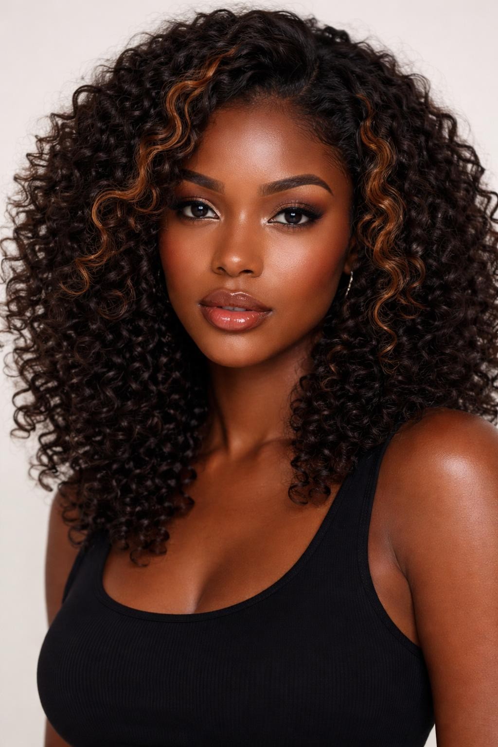 Image Prompt: A beautiful Black woman with dark curly hair and cinnamon face-framing highlights, rich dark brown base, warm cinnamon pieces around the face, defined curls with shine, deep brown skin, glossy lips, soft bronzed makeup, fitted black top, clean neutral studio background, close-up beauty portrait, realistic DSLR photo, sharp curl detail, no text, (no watermarks on images)