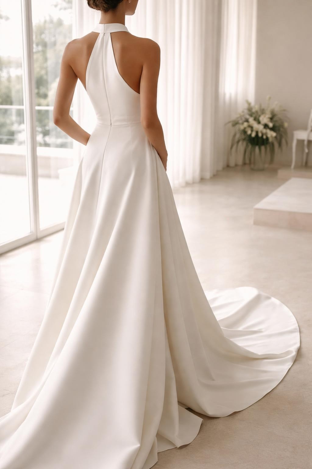 Image Prompt: A luxury bridal editorial image of a high neck halter wedding dress in a modern chapel, city venue, or refined bridal studio. Show the bride cropped from the shoulders down or from behind with the face fully hidden. The gown has a high halter neckline, smooth fitted bodice, clean waistline, and a full-length skirt with a simple train. Use soft daylight, realistic fabric texture, clean editorial composition, no visible face, no text, no watermark. (no watermarks on images)
