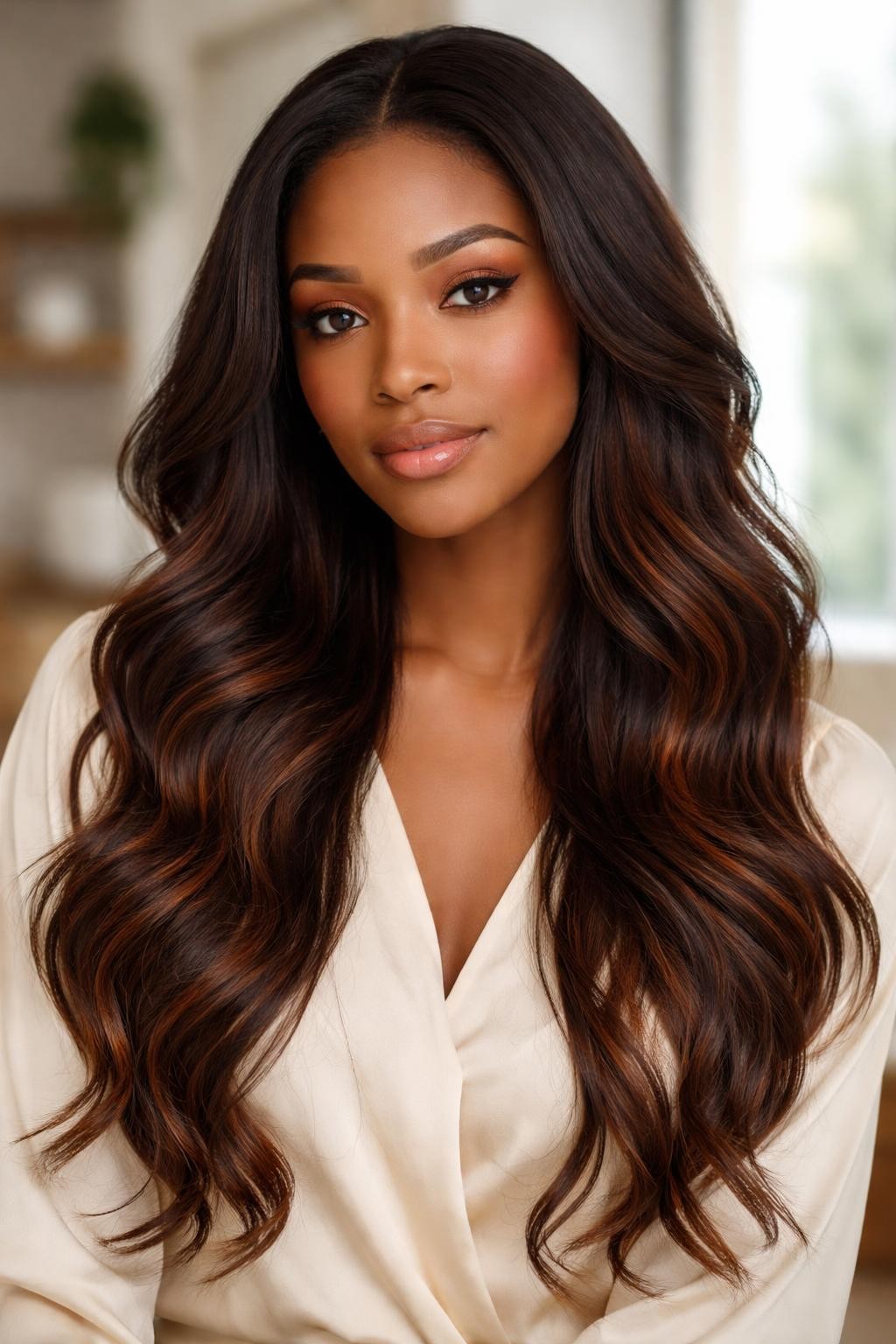 Image Prompt: A beautiful Black woman with long dark brown hair and chestnut reddish brown balayage, hand-painted warm red-brown pieces through the mid-lengths and ends, soft loose waves, medium-brown skin, soft peach-toned makeup, cream blouse, modern indoor background, natural window light, realistic editorial beauty photo, smooth color blend and visible warmth, no text, (no watermarks on images)