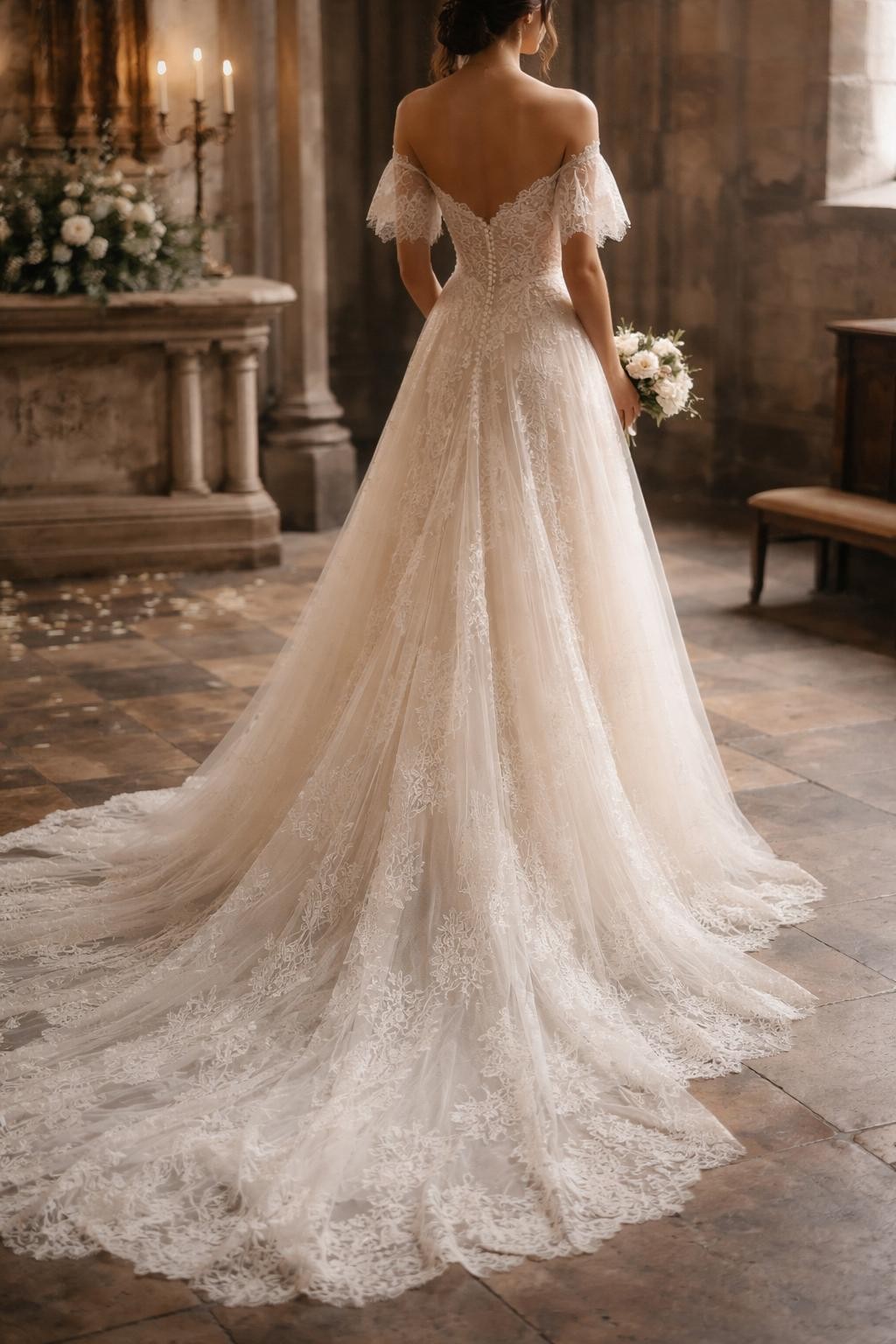 Image Prompt: A luxury bridal editorial photo of a vintage-inspired Chantilly lace wedding gown in an old chapel or historic venue. Show the bride from the neck down or from behind with the face fully hidden. The gown features delicate Chantilly lace, soft sleeve detail, a graceful bodice, and a flowing romantic skirt. Use muted natural light, antique architectural charm, realistic lace texture, premium magazine quality, no visible face, no text, no watermark. (no watermarks on images)