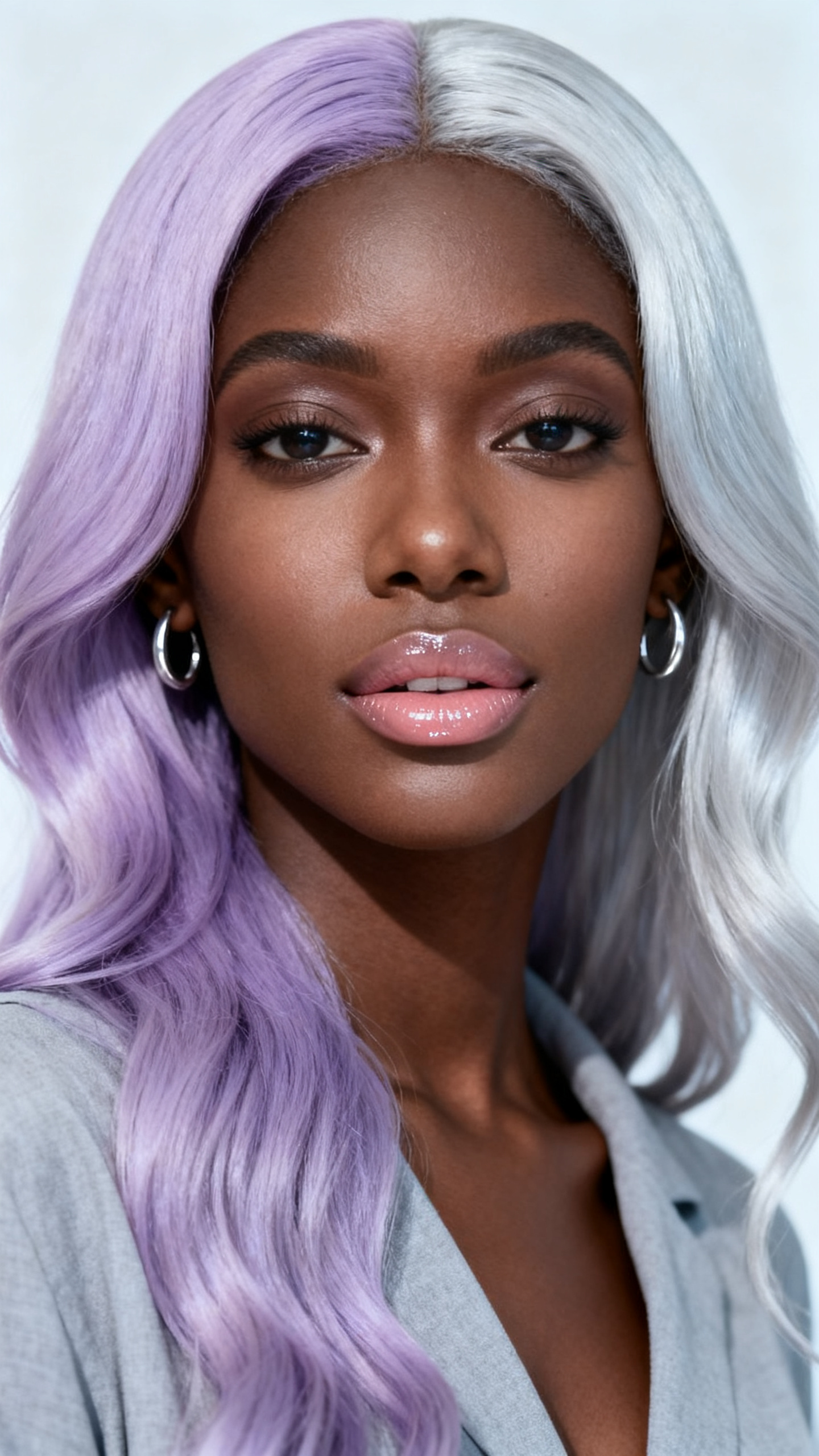 Image Prompt: A chic black woman with long two tone split hair, one side soft lilac and the other side icy silver, center part, smooth loose waves, fair to medium skin tone, fresh soft makeup, glossy nude lips, silver earrings, pale gray blouse, bright modern studio background, soft cool lighting, realistic DSLR beauty editorial portrait, detailed pastel split color and glossy texture, no text, (no watermarks on images)