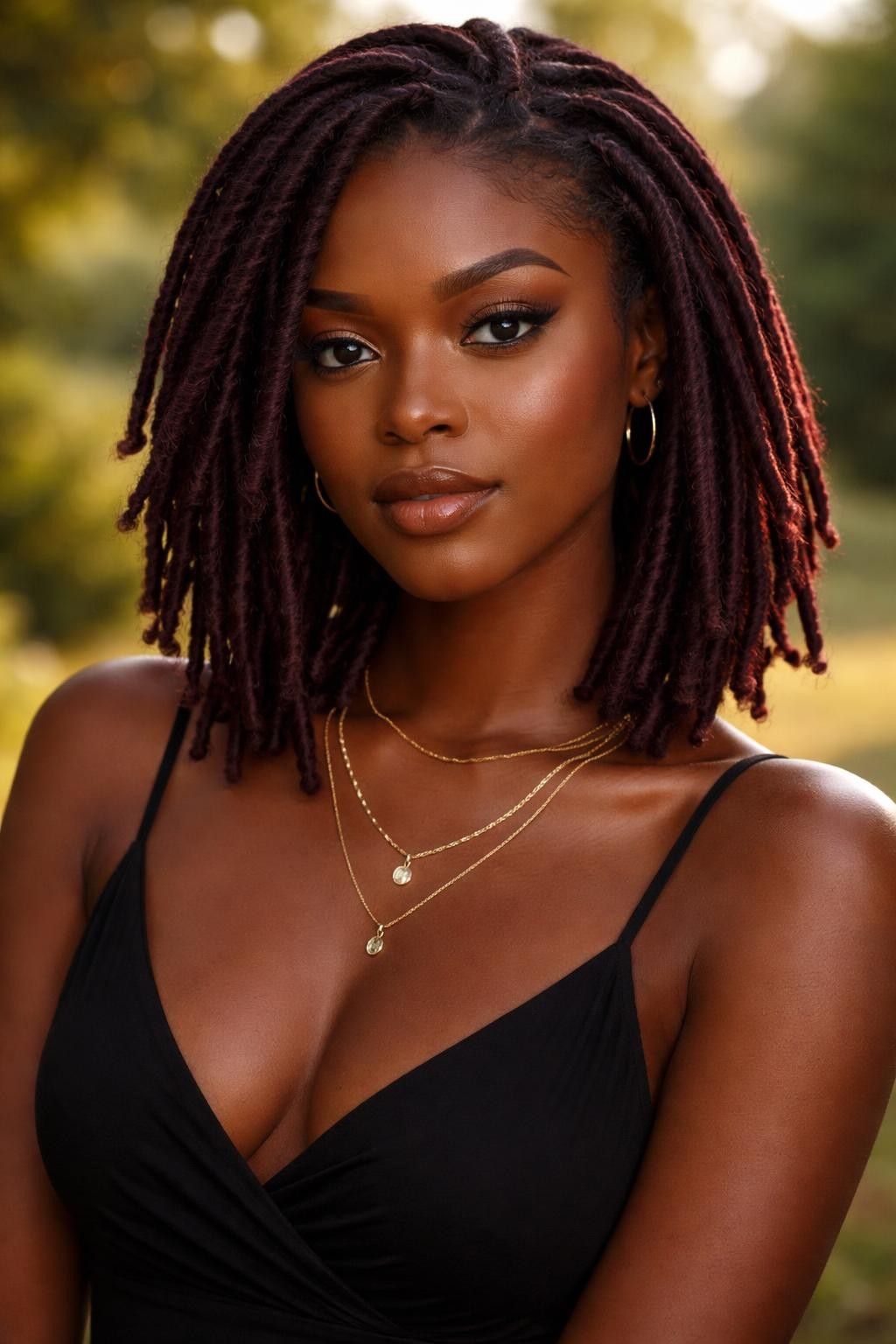 Image Prompt: A stunning Black woman with shoulder-length dark plum locs, neatly maintained loc texture, rich deep purple-red color with soft shine, a few locs framing the face, deep brown skin, natural glowing makeup, layered gold necklaces, black dress, outdoor natural setting with softly blurred greenery in the background, warm sunlight, realistic lifestyle editorial portrait, detailed loc texture, no text, (no watermarks on images)