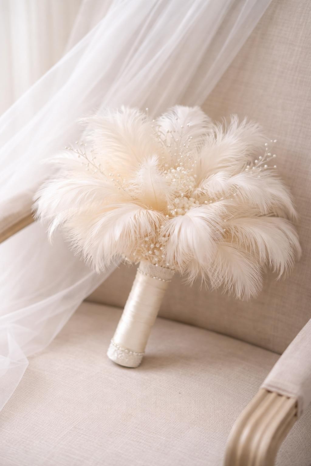 Detailed Image Prompt: A soft feather bridal bouquet with no flowers, made from ivory ostrich feathers, white goose feathers, small pearl picks, and a satin-wrapped handle, styled beside a white wedding veil on a neutral linen chair, airy bridal editorial style, soft romantic lighting, no faces, no people, cropped detail shot, elegant and clean composition, realistic high-resolution DSLR photo, no watermarks on images.