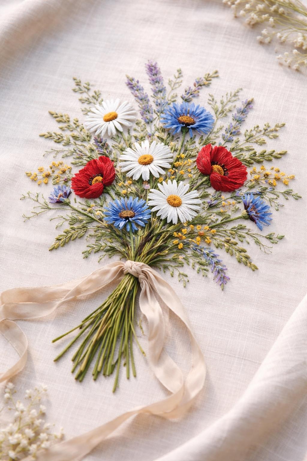 A wildflower-inspired embroidery bouquet featuring hand-stitched daisies, poppies, cornflowers, tiny yellow blooms, embroidered greenery, and loose ribbon ties, arranged in an organic gathered bouquet shape, placed on rustic linen with soft daylight, countryside wedding editorial style, no people, no faces, realistic DSLR photography, rich stitching detail, fresh and airy composition, no watermarks on images.