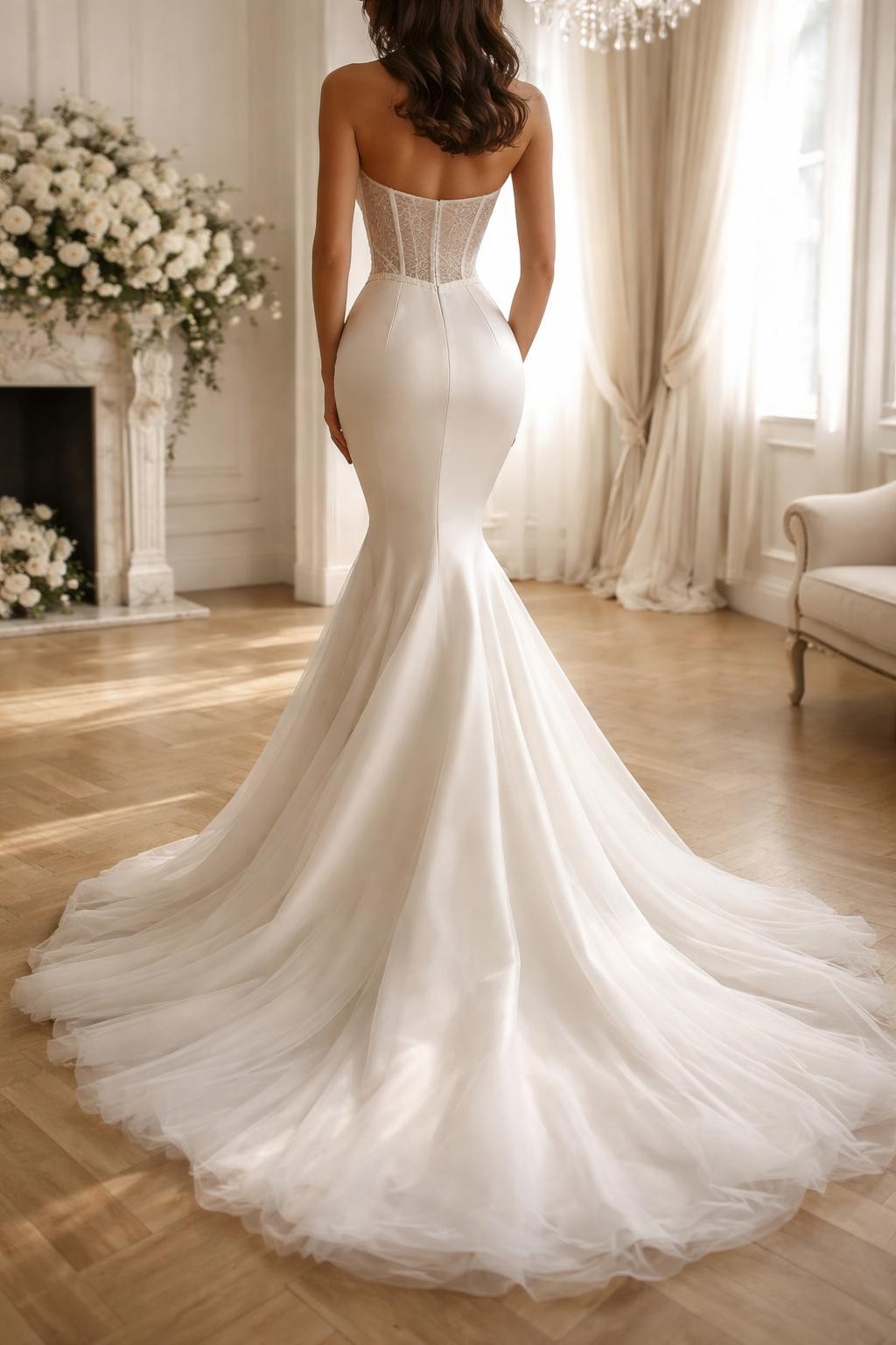Image Prompt: A professional bridal editorial photo of a corset mermaid wedding dress in a refined indoor venue or luxury bridal studio. Show the bride from the neck down or from behind so the face is fully hidden. The gown has a structured corset bodice, fitted waist and hips, shaped mermaid silhouette, and a soft flared hem with a train. Use flattering natural light, realistic fabric texture, high-end bridal magazine styling, no visible face, no text, no watermark. (no watermarks on images)