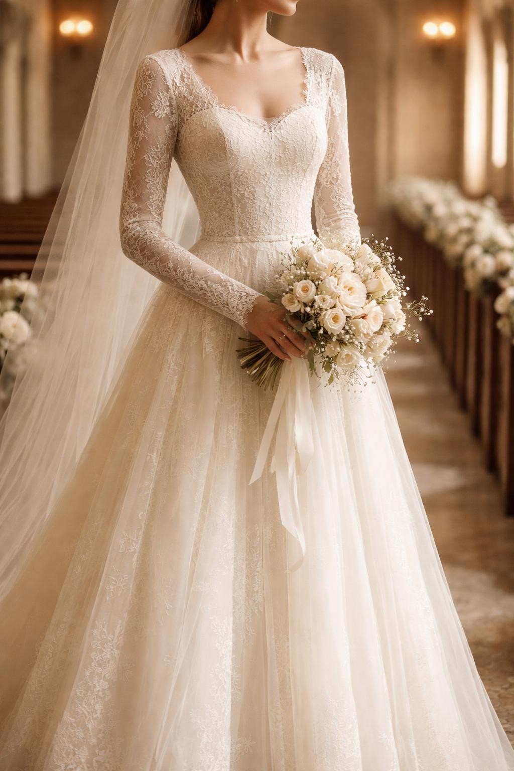 Image Prompt: A professional bridal editorial image of a bride wearing a long sleeve lace wedding dress inside a softly lit church aisle. Crop the image from the neck down or show the bride from behind with the face hidden. The dress has delicate lace sleeves, a modest neckline, a fitted bodice, and a flowing skirt. Include warm church light, pale flowers, realistic lace texture, clean magazine-quality photography, no visible face, no text, no watermark. (no watermarks on images)