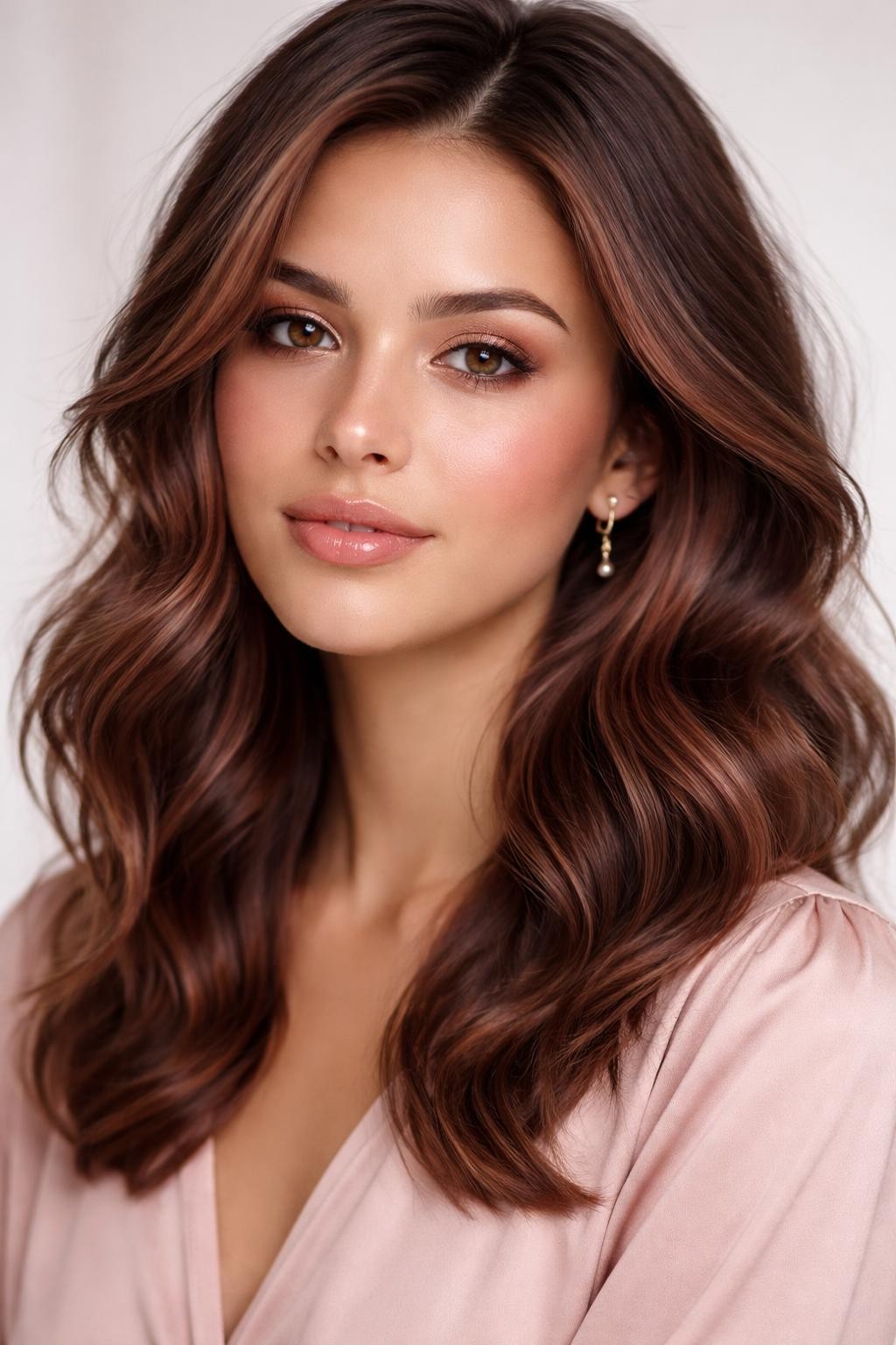 Image Prompt: A pretty woman with neutral skin tone and medium brown hair with rose brown highlights, muted rosy-brown pieces placed through loose waves and around the face, soft pink-toned makeup, glossy nude lips, delicate gold earrings, blush pink blouse, clean studio background, soft diffused lighting, realistic DSLR beauty portrait, detailed rosy highlight contrast, no text, (no watermarks on images)