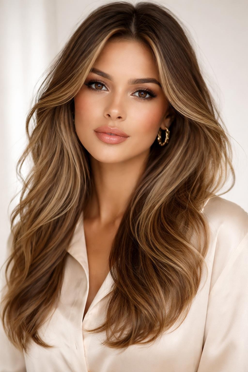 Image Prompt: A beautiful woman with neutral skin tone and long bronde layered hair, brunette roots blending into soft brown-blonde lengths, feathered face-framing layers, loose glossy waves, natural makeup, glossy nude lips, gold earrings, cream blouse, bright neutral studio background, soft flattering light, realistic DSLR beauty editorial portrait, detailed brunette-to-blonde blend and layered movement, no text, (no watermarks on images)