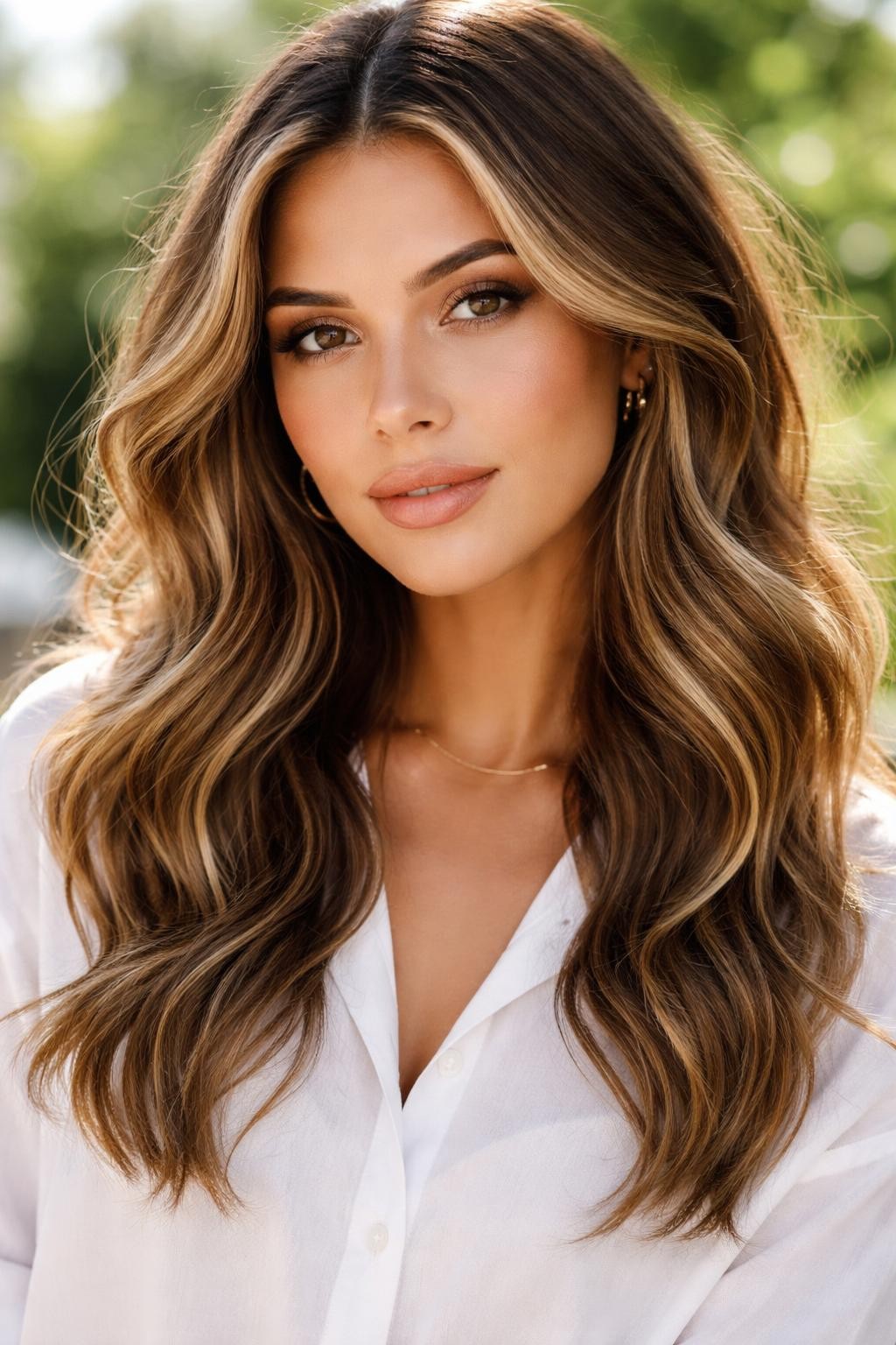 Image Prompt: A gorgeous woman with neutral skin tone and dark blonde-brown hair with honey blonde highlights, soft golden pieces placed around the face and through the lower layers, loose beachy waves, soft bronzed makeup, glossy nude lips, small gold jewelry, white blouse, bright outdoor daylight, softly blurred greenery in the background, realistic DSLR beauty editorial portrait, detailed highlight contrast, no text, (no watermarks on images)