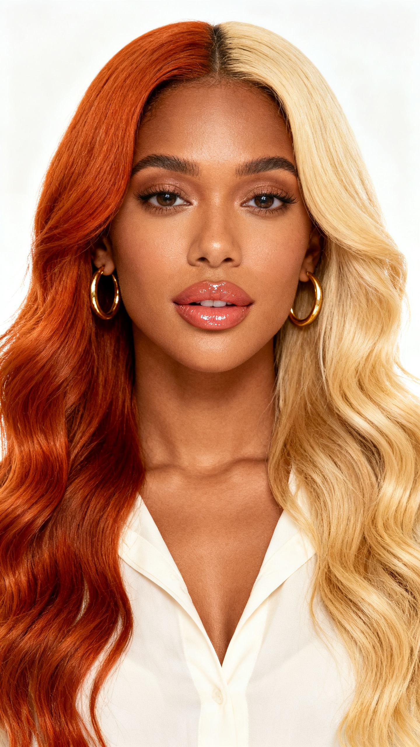 A stunning woman with long two tone split hair color, one side bright copper and the other side creamy golden blonde, center part, soft waves with bounce, warm medium skin tone, glowy makeup, glossy lips, gold hoop earrings, ivory blouse, bright clean studio background, soft flattering lighting, realistic DSLR beauty editorial portrait, detailed warm color contrast and soft wave texture, no text, (no watermarks on images)