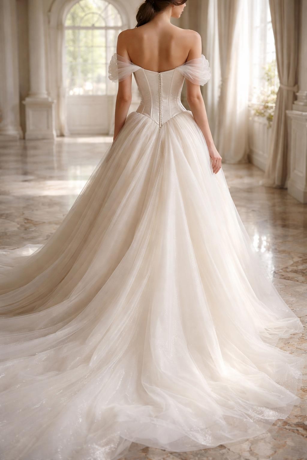 Image Prompt: A couture-style bridal editorial image of a basque waist corset wedding dress in an elegant chapel or grand bridal suite. Show the bride from the neck down only, or from a back three-quarter view with the face fully hidden. The gown has a sculpted corset bodice, soft pointed basque waist, structured neckline, and a romantic full skirt with a sweeping train. Use natural light, realistic fabric texture, polished editorial bridal composition, no visible face, no text, no watermark. (no watermarks on images)