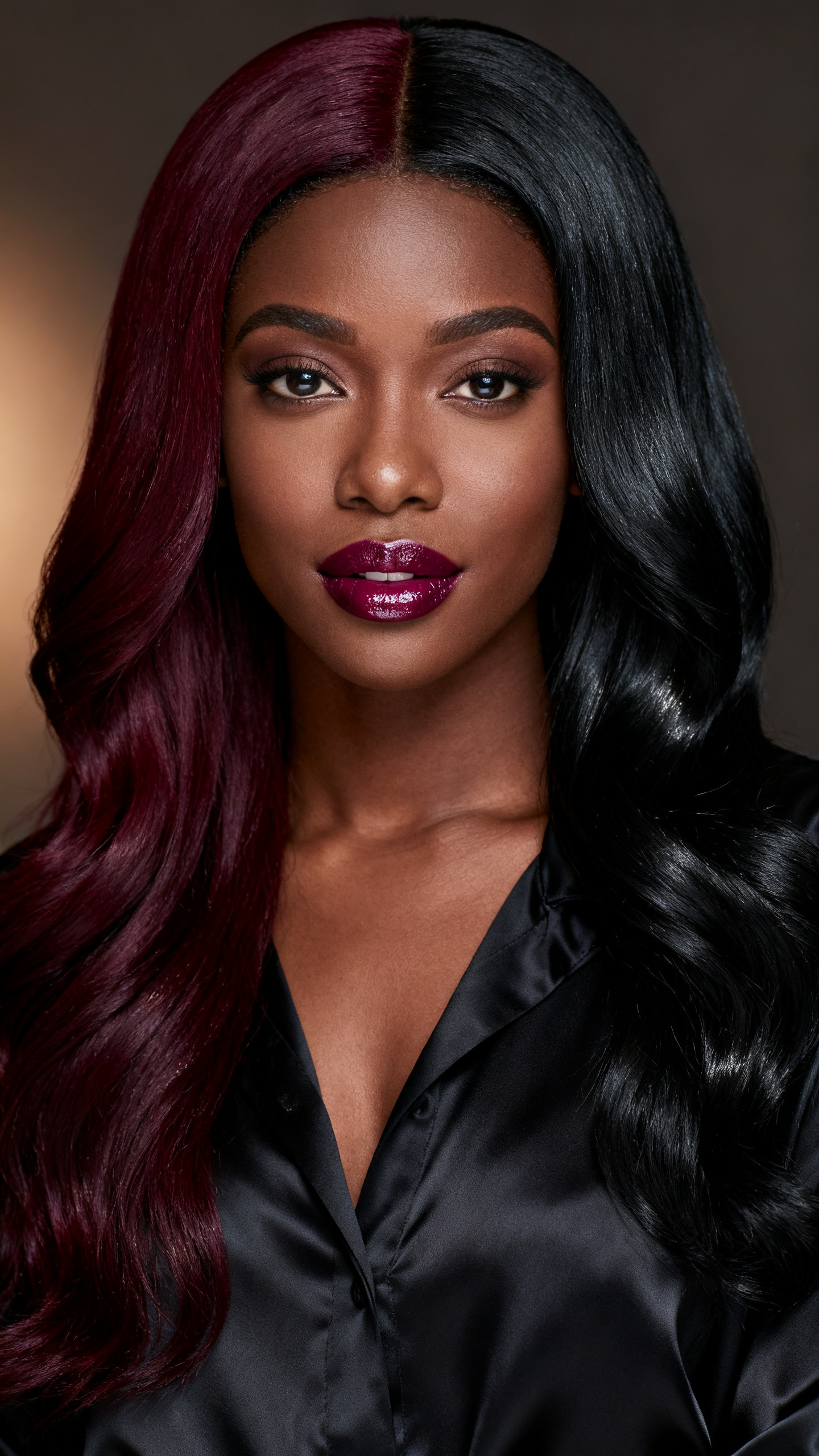 A stylish black woman with long two tone split hair, one side deep burgundy wine red and the other side glossy black, center part, loose waves with shine, medium-deep skin tone, berry-toned lip gloss, soft glam makeup, black satin blouse, moody studio background, warm diffused lighting, realistic DSLR beauty portrait, detailed burgundy depth and sleek contrast, no text, (no watermarks on images)