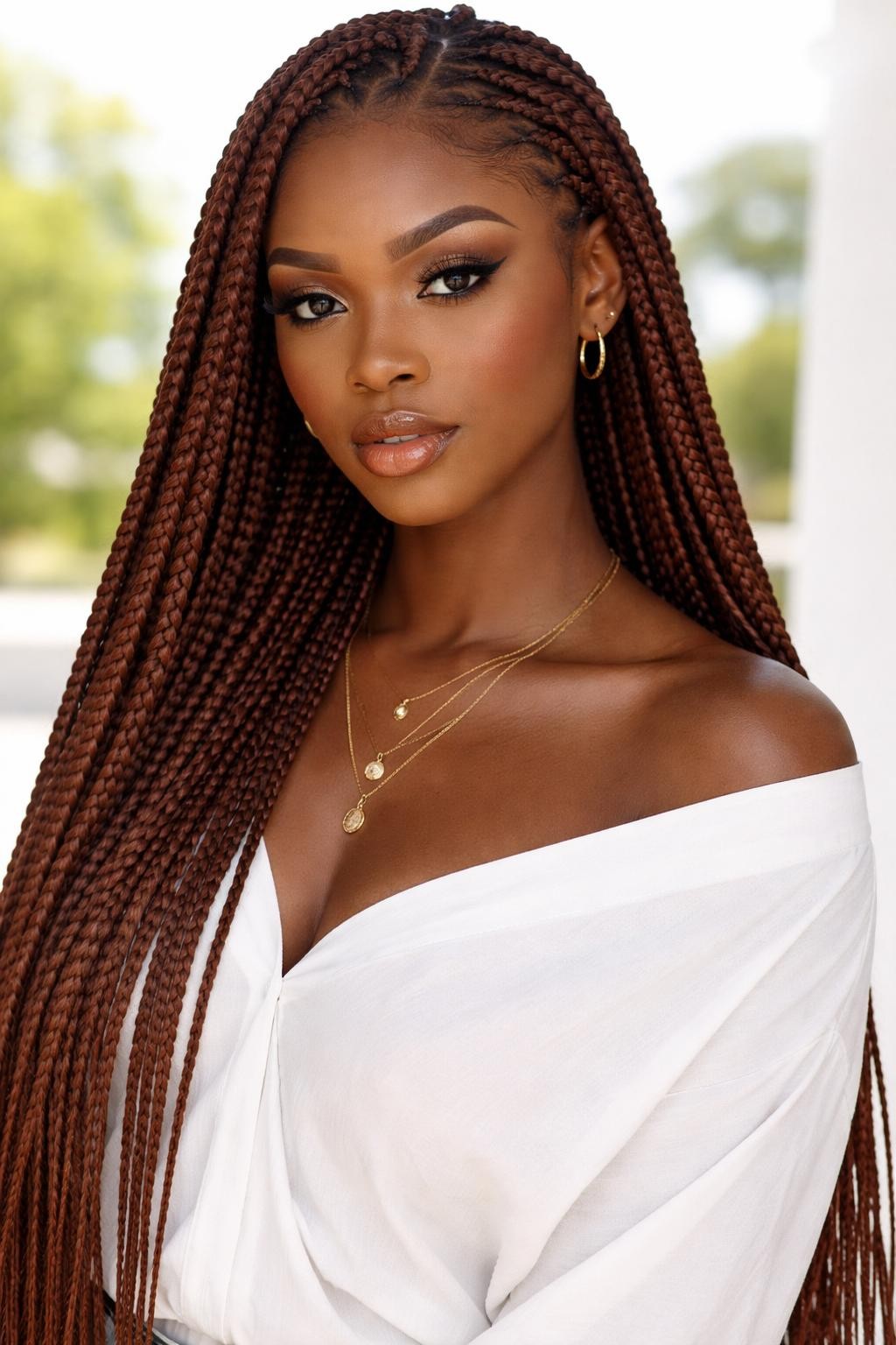 Image Prompt: A gorgeous Black woman with extra-long reddish brown knotless braids, lightweight natural-looking roots, precise clean parts, sleek braids flowing over the shoulders, warm red-brown hair color, deep brown skin, fresh soft glam makeup, delicate gold jewelry, white blouse, bright natural daylight, clean airy outdoor background, realistic beauty editorial photo, detailed braid texture, polished finish, no text, (no watermarks on images)