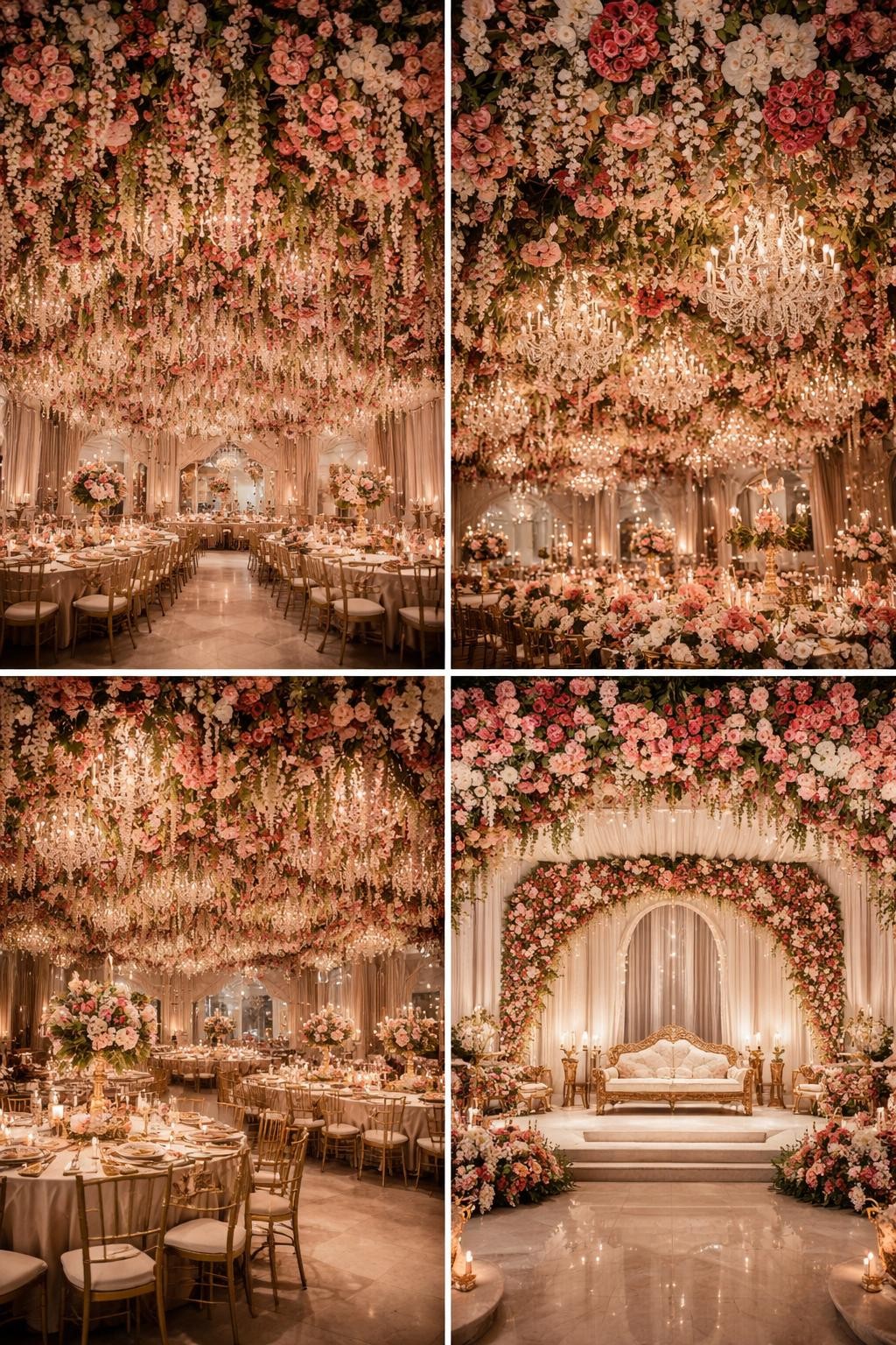 Image Prompt: A professional 4-grid wedding decor collage showing royal Indian wedding floral ceiling decor, top-left image featuring a reception space with a ceiling filled with hanging florals in pink, red, ivory, and green, top-right image showing close-up floral ceiling clusters with chandeliers between them, bottom-left image showing dining tables beneath the floral canopy, bottom-right image showing a stage or sweetheart area framed by the same floral styling, elegant Indian wedding venue, luxury editorial style, no faces, no watermarks on images.
