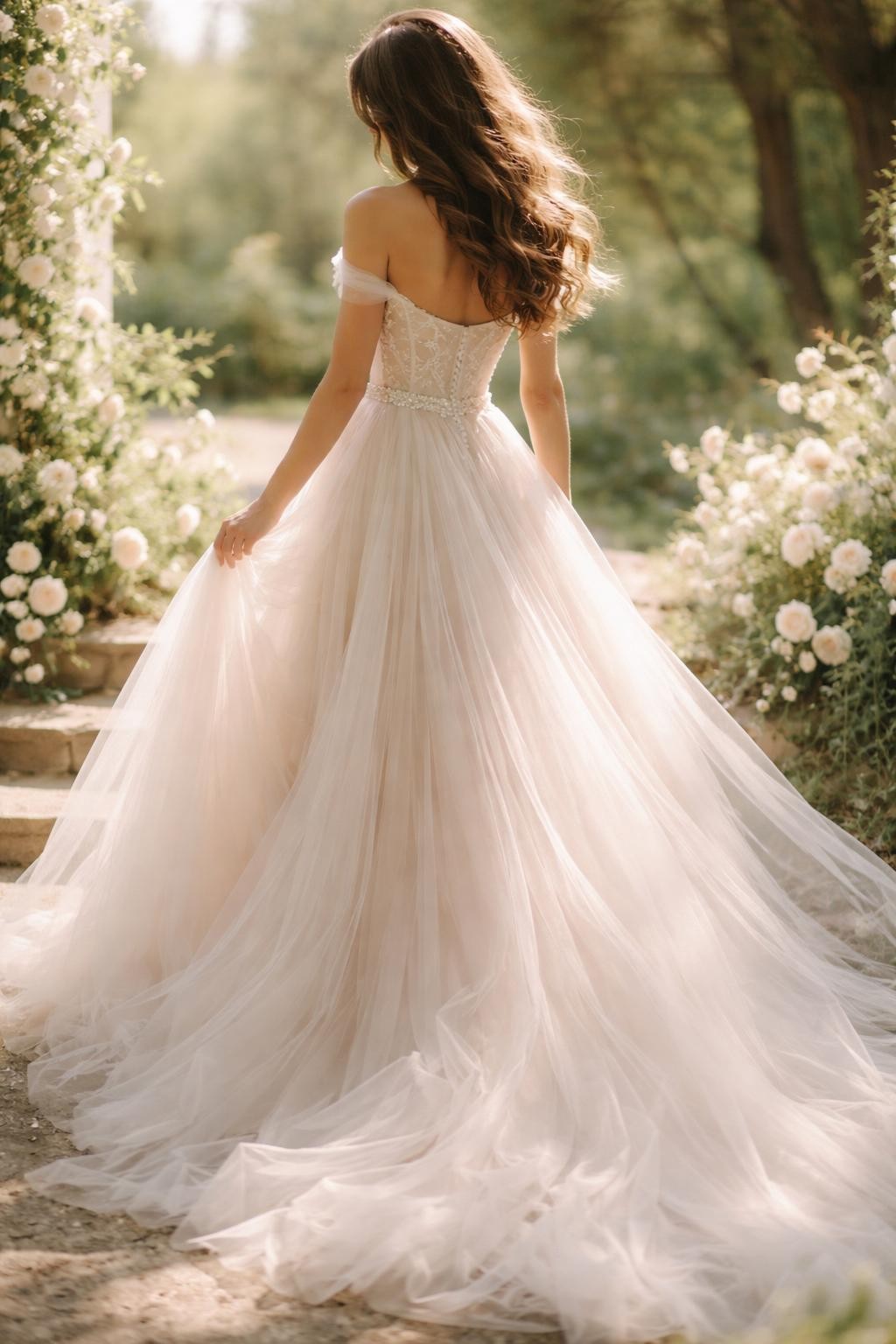 Image Prompt: A luxury bridal editorial photo of an ethereal tulle A-line wedding dress in a soft garden wedding setting or bright chapel doorway. Show the bride from the neck down only, or from a back three-quarter angle so the face is fully hidden. The gown has a fitted bodice, soft layered tulle skirt, delicate waist detail, and gentle movement in the fabric. Use natural daylight, pale flowers, soft wind-blown texture, realistic tulle layers, high-end bridal magazine styling, no visible face, no text, no watermark. (no watermarks on images)