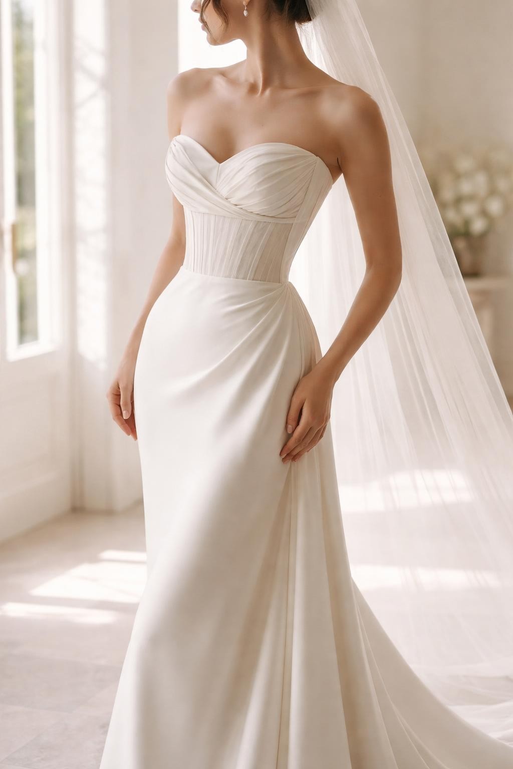 Image Prompt: A refined bridal editorial photo of a draped corset wedding dress in a modern bridal studio or bright chapel doorway. Show the bride cropped from the neck down or from a side-back angle with the face hidden. The gown has a structured corset base with soft draped fabric across the bodice, a defined waist, and a smooth flowing skirt. Use clean natural light, realistic fabric folds, elegant bridal styling, luxury magazine-quality photography, no visible face, no text, no watermark. (no watermarks on images)