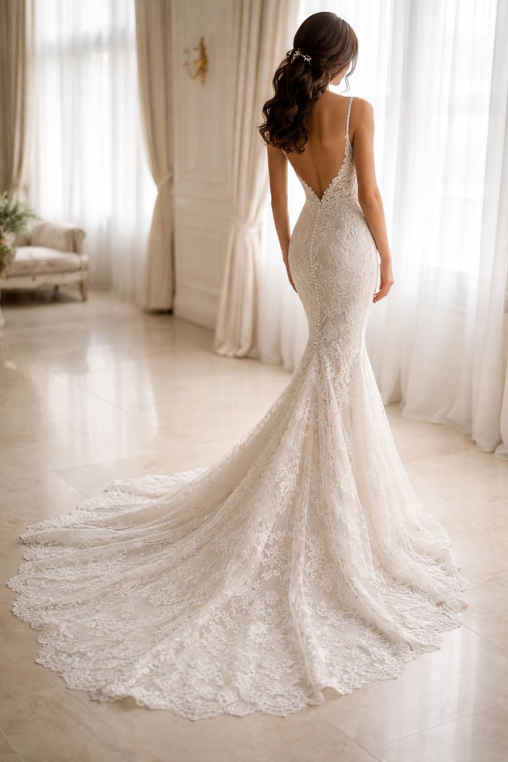 Image Prompt: A professional bridal editorial image of a lace mermaid wedding dress in an upscale indoor venue or elegant bridal studio. Show the bride from the neck down or from a rear three-quarter angle so the face is hidden. The gown has a fitted lace silhouette, defined waist, delicate lace texture, and a soft flared hem with a train. Use flattering natural light, realistic lace detail, high-fashion bridal styling, no visible face, no text, no watermark. (no watermarks on images)