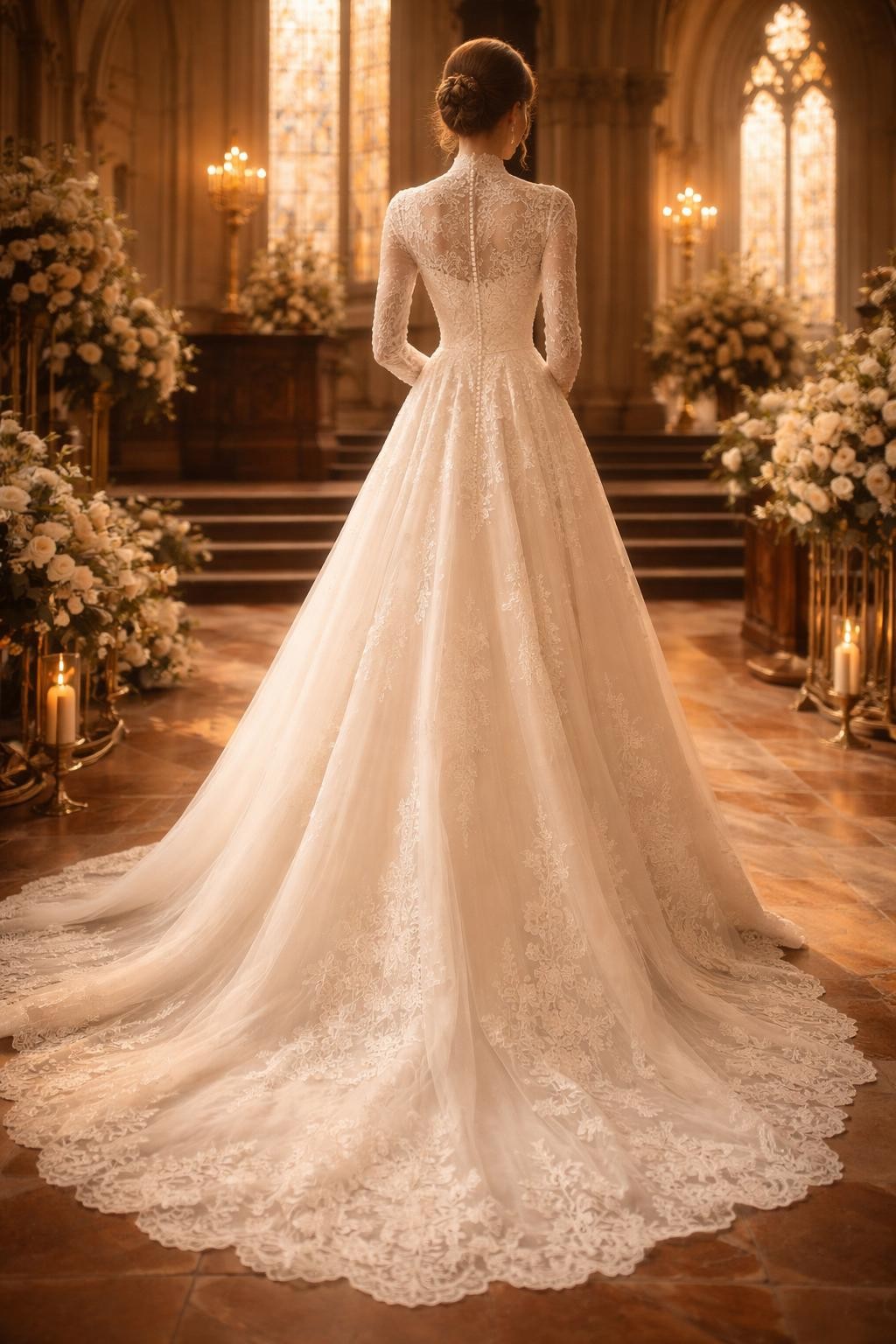 Image Prompt: A graceful bridal editorial image of a high neck long sleeve lace wedding gown inside a traditional church or cathedral-inspired venue. Show the bride from the shoulders down or from behind with the face fully hidden. The gown features a high lace neckline, fitted bodice, long lace sleeves, soft waist shaping, and an elegant train. Use warm church light, refined floral styling, realistic lace detail, professional editorial photography, no visible face, no text, no watermark. (no watermarks on images)