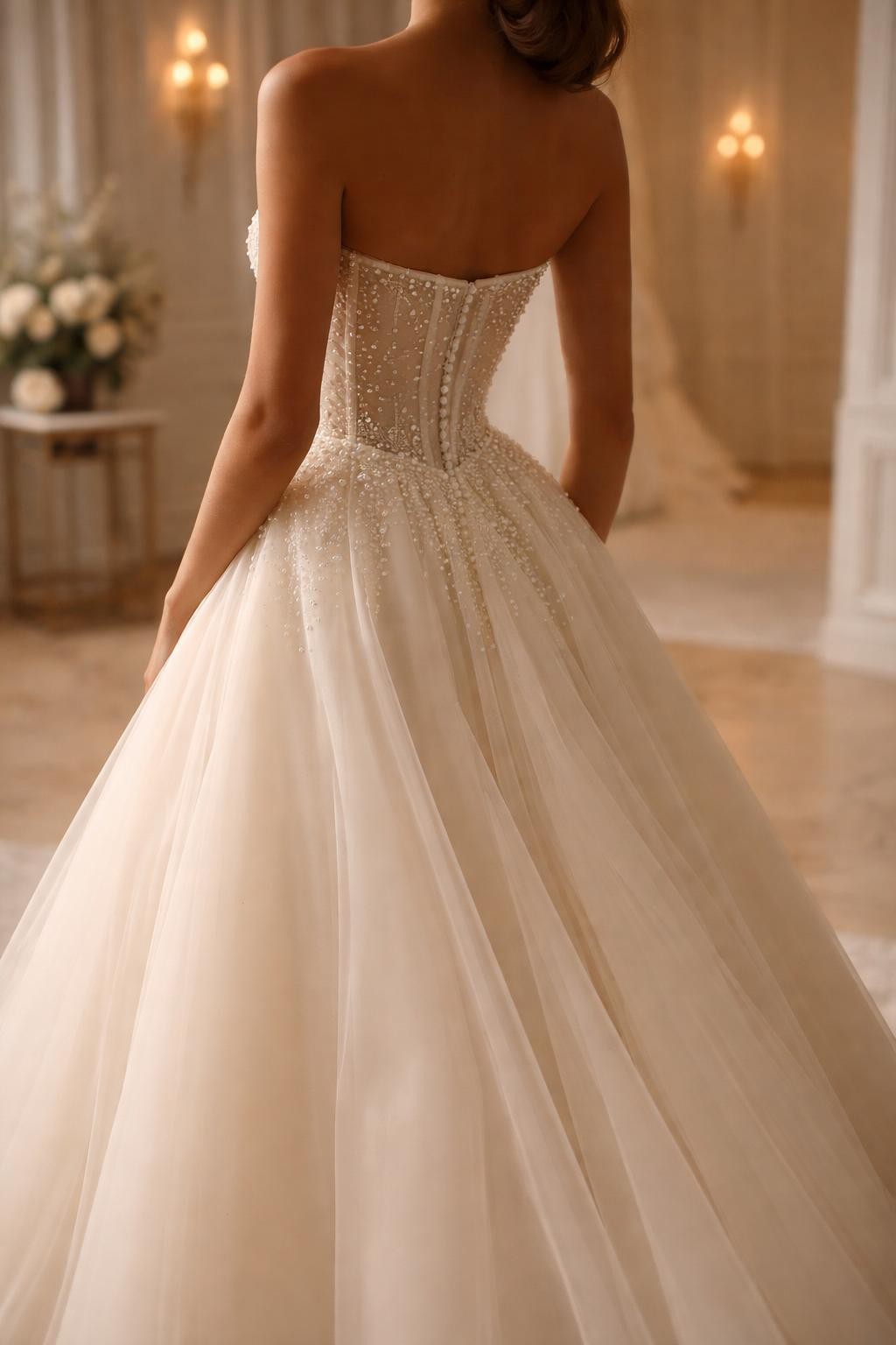 Image Prompt: A high-end bridal editorial photo of a pearl-detail corset wedding dress in a luxury bridal studio or elegant indoor wedding venue. Show the bride from the neck down or from a rear three-quarter angle so the face is fully hidden. The gown has a structured corset bodice with subtle pearl embellishment, soft boning detail, a defined waist, and a graceful skirt with a light train. Use soft warm lighting, realistic pearl texture, refined bridal magazine styling, no visible face, no text, no watermark. (no watermarks on images)