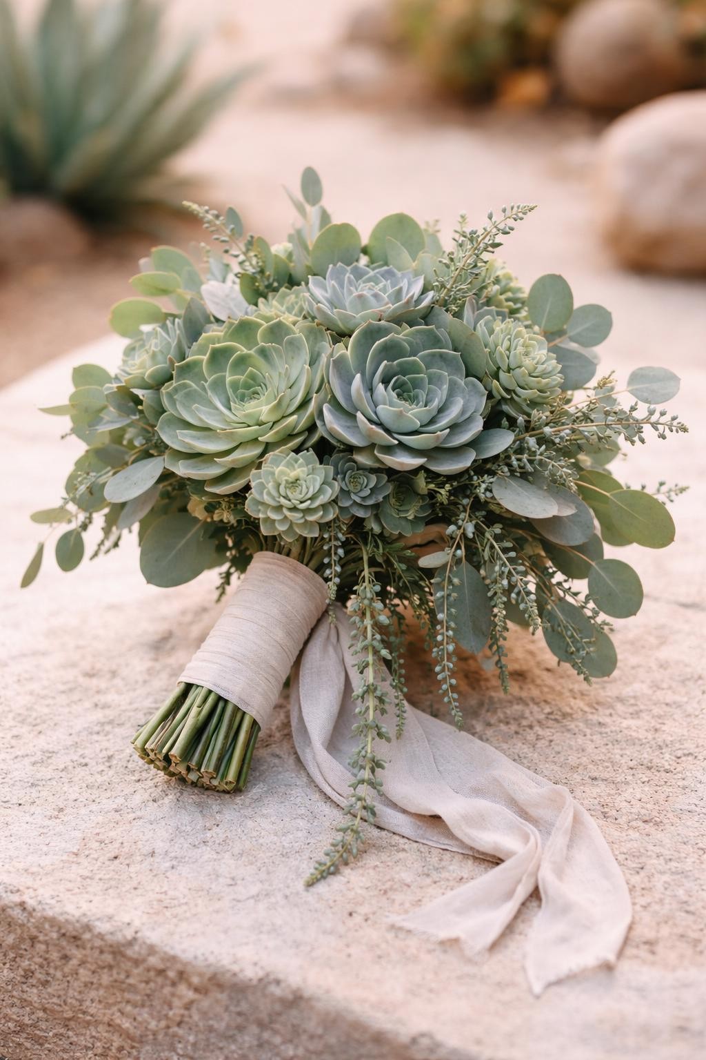 A modern succulent bridal bouquet with no flowers, made from green and blue-toned succulents, eucalyptus leaves, trailing vines, and a soft linen ribbon handle, photographed on a neutral stone surface in an outdoor desert-inspired wedding setting, no faces, no people, modern editorial wedding photography, realistic DSLR image, no watermarks on images.
