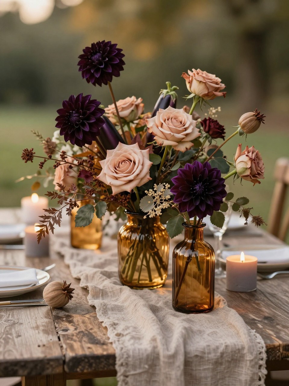 Realistic DSLR photo of a fall wedding floral centerpiece with amber glass vases, eggplant dahlias, antique rose garden roses, warm taupe linen runner, dried seed pods, taper candles, rustic stone table, soft golden hour light.