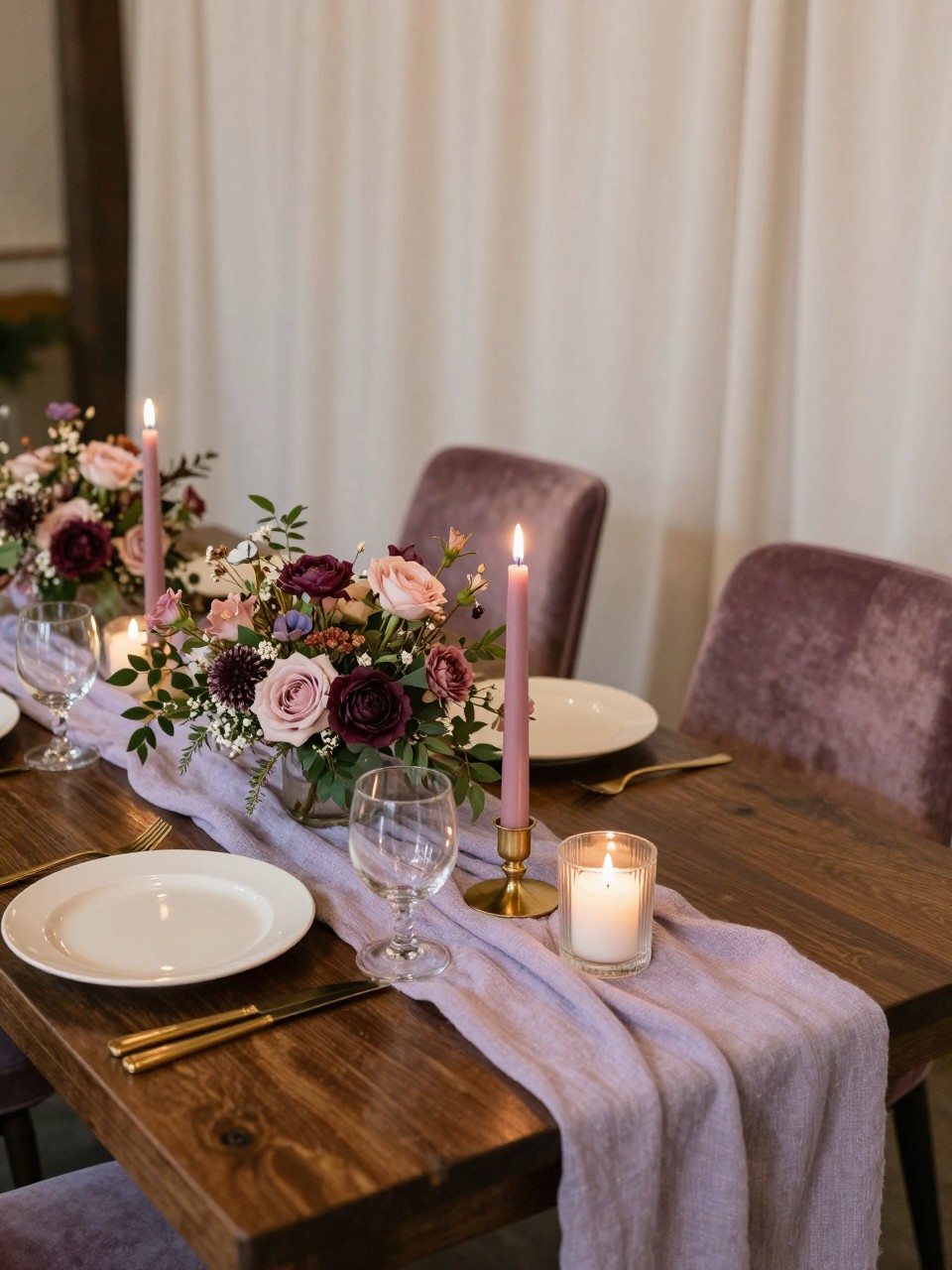 Realistic DSLR photo of a fall wedding sweetheart table with lavender linen runner, plum floral arrangement, dusty pink taper candles, cream plates, gold flatware, two velvet chairs, dark wood table, soft draped backdrop, warm candlelight, romantic reception setting.