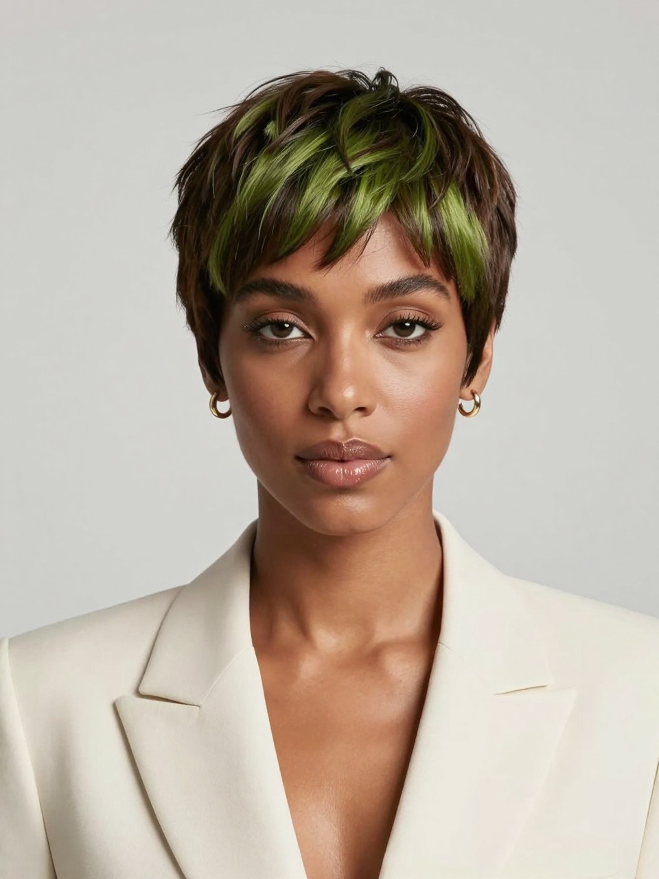 Image Prompt: A chic black woman with a short matcha chocolate pixie cut, neatly shaped sides, soft swoop at the front, deep chocolate brown hair color with muted matcha green shine, medium-deep skin tone, defined lashes, glossy nude lip, small gold earrings, tailored cream blazer, clean studio background, sharp beauty editorial photography, realistic DSLR image, detailed short hair color depth, no text, (no watermarks on images)