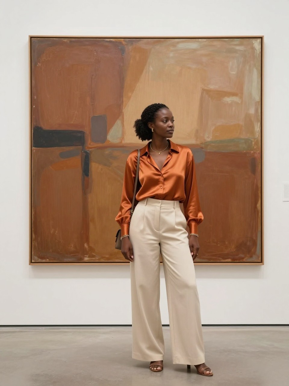 Image prompt: A polished DSLR photo of an adult Black woman with rich dark skin standing in front of a large abstract painting that softly matches her outfit, wearing a rust-orange satin blouse, cream wide-leg trousers, and small gold jewelry, standing slightly to the side of the artwork with one hand resting near her hip and the other lightly touching the strap of a small shoulder bag, head turned toward the painting instead of the camera, white gallery wall, polished concrete floor, soft museum lighting, realistic fabric texture, natural skin detail, quiet editorial museum photography.