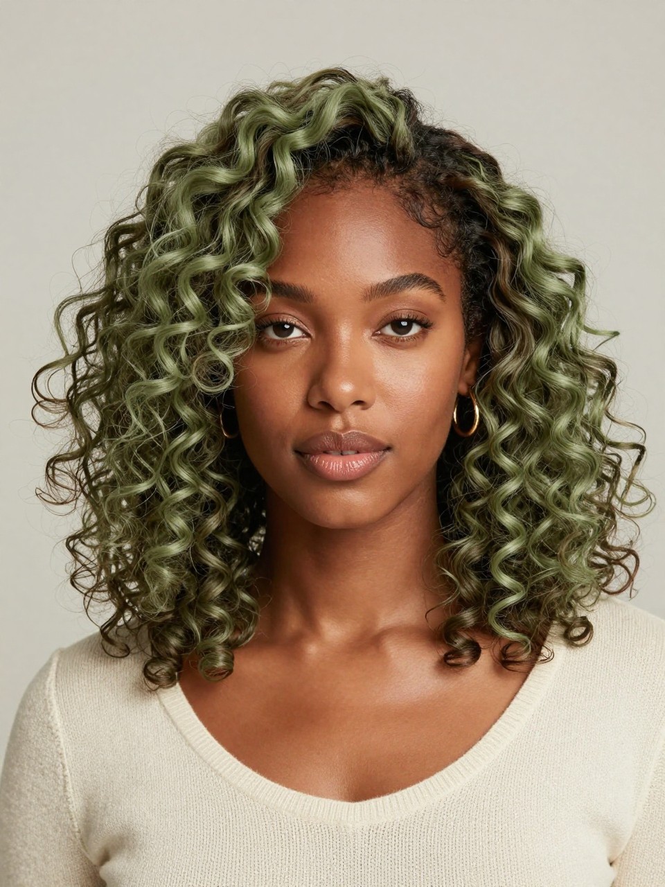 Image Prompt: A beautiful black woman with shoulder-length sage matcha chocolate curls, dark brown roots with muted sage green and chocolate brown color blend, defined spiral curls with healthy volume, medium-deep brown skin, natural glowing makeup, glossy nude lips, small gold hoops, cream knit top, clean neutral studio background, soft diffused lighting, close-up beauty editorial portrait, realistic DSLR photo, crisp curl texture and soft earthy color, no text, (no watermarks on images)