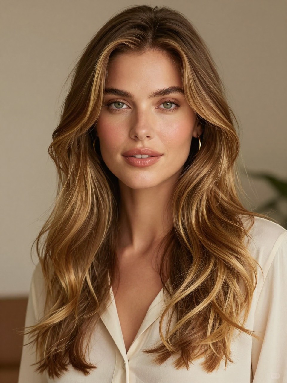 Image Prompt: A beautiful woman with green eyes and long golden brown balayage hair, soft brown roots with warm golden brown pieces through the mid-lengths and ends, loose glossy waves, light to medium skin tone, natural glam makeup, peach blush, nude glossy lips, gold hoop earrings, cream blouse, warm indoor studio setting, soft diffused lighting, realistic DSLR editorial portrait, detailed golden brown shine and movement, no text, (no watermarks on images)