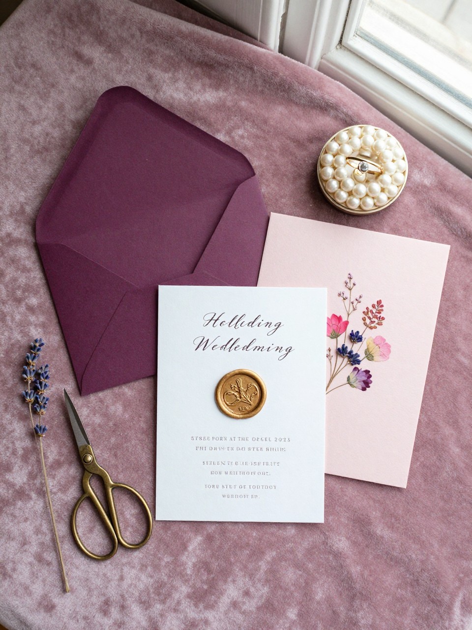 Realistic DSLR flat lay of a fall wedding invitation suite on mauve velvet fabric, plum envelope, blush handmade paper card, gold wax seal, dried lavender, pressed pink flowers, antique brass scissors, pearl ring box, soft side window light, romantic stationery styling.