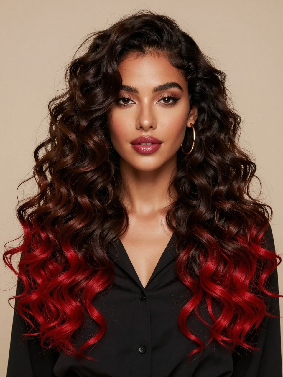 Image Prompt: A stunning woman with long curly hair, black-brown top layer with bright red peekaboo sections underneath, defined voluminous curls with glossy shine, rich red hidden sections visible through the lower layers and near the ends, deep brown skin, soft glam makeup, glossy berry lips, gold hoop earrings, black blouse, studio background with warm lighting, realistic DSLR beauty editorial portrait, detailed curl texture and red contrast, no text, (no watermarks on images)