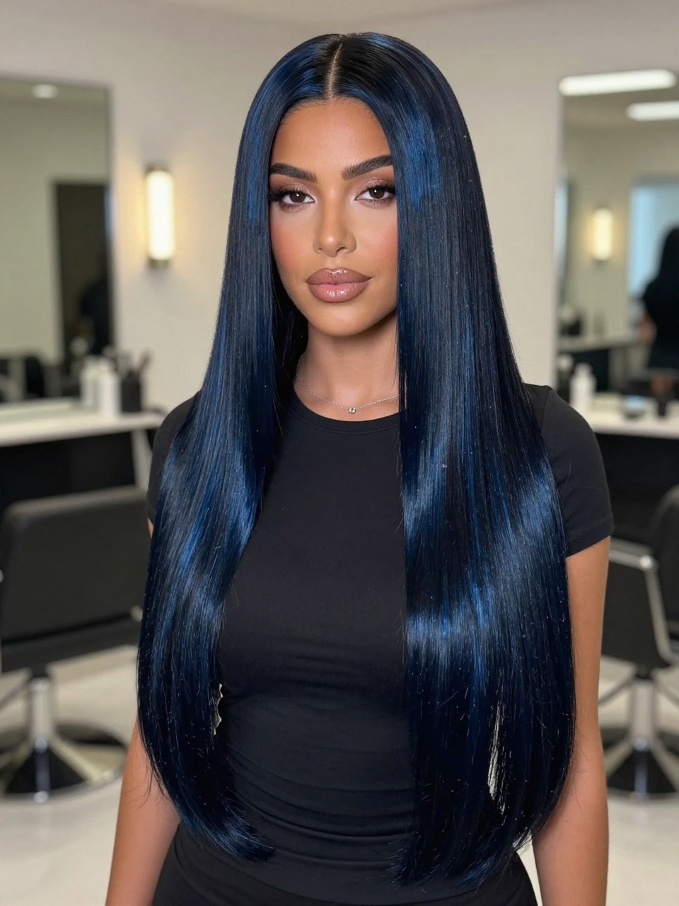 Image Prompt: A stunning woman with a long sleek silk press dyed glossy black blue, center part, silky straight strands with mirror-like blue-black shine, softly curled-under ends, deep brown skin, clean soft glam makeup, glossy nude lips, small silver necklace, fitted black top, luxury salon-inspired background, soft even lighting, waist-up beauty portrait, realistic DSLR quality, detailed straight hair shine and deep blue-black color, no text, (no watermarks on images)