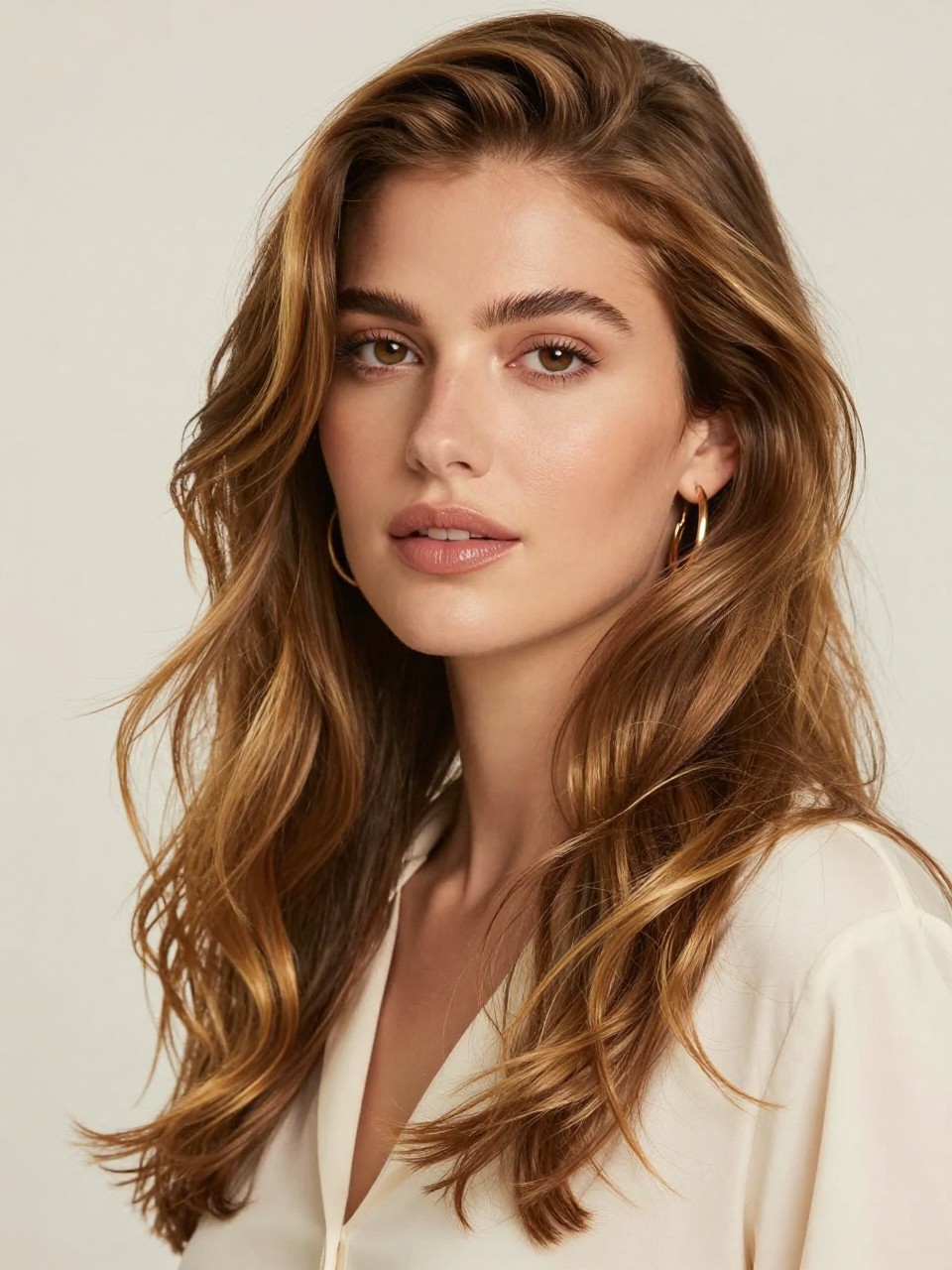 Image Prompt: A gorgeous woman with brown eyes and long golden brown hair, warm medium-brown shade with soft golden shine, loose flowing waves, glowing natural makeup, glossy nude lips, gold hoop earrings, ivory blouse, bright neutral studio background, soft flattering light, realistic DSLR beauty editorial portrait, detailed golden brown shine and movement, no text, (no watermarks on images)