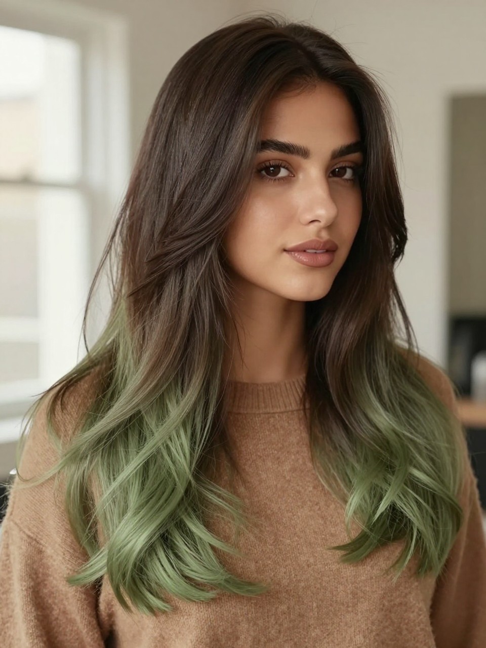 Image Prompt: A beautiful woman with long dark brown hair fading into matcha chocolate ombre ends, glossy chocolate brown roots and mid-lengths blending into muted matcha green-brown tips, soft loose waves, warm brown skin, natural glam makeup, nude gloss, camel sweater, cozy indoor background, soft natural window light, realistic beauty editorial photo, smooth brunette-to-matcha color transition, no text, (no watermarks on images)